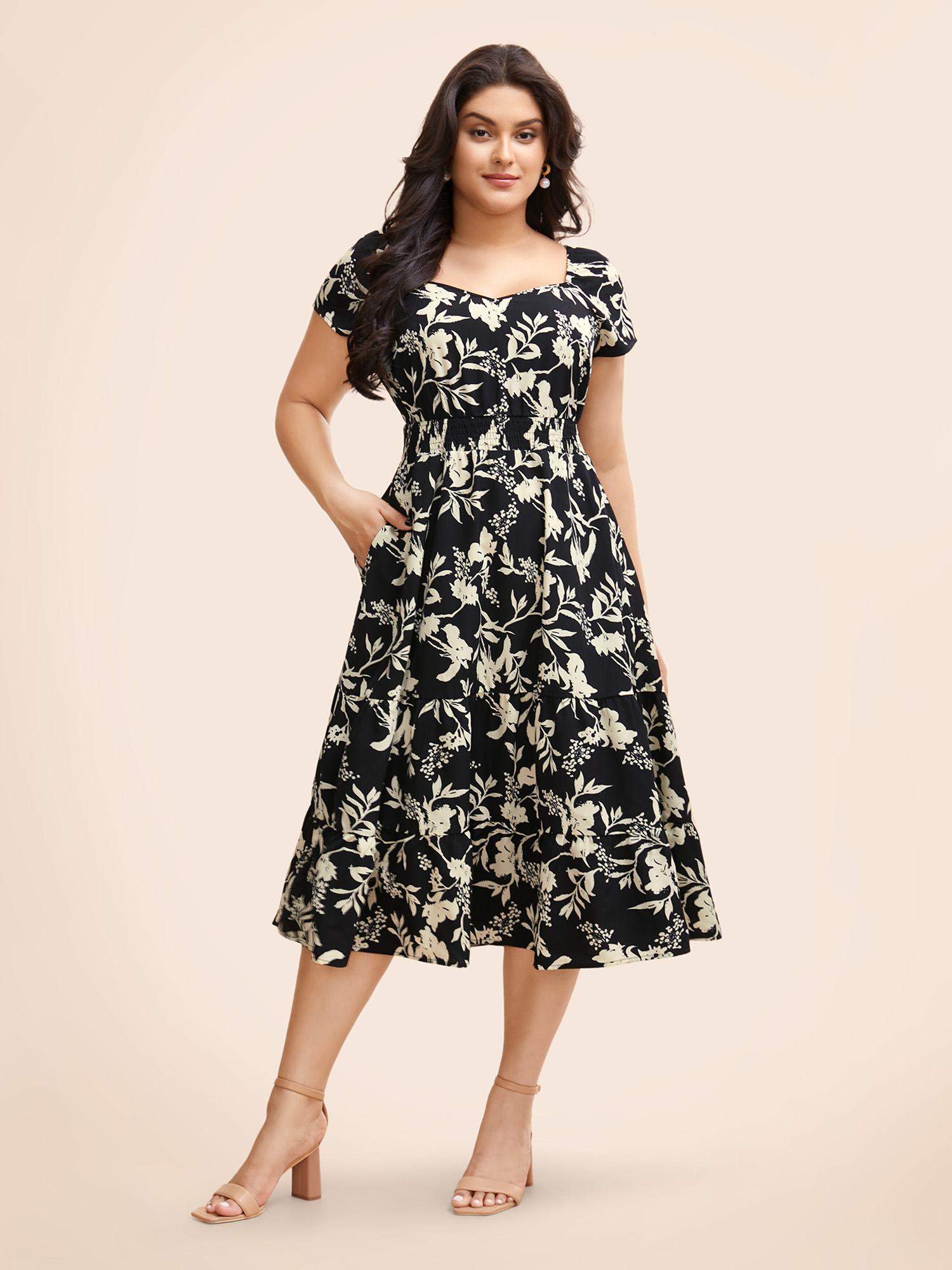 

Plus Size Silhouette Floral Print Ruffle Cap Sleeve Dress Black Women Elegant Shirred Heart neckline Cap Sleeve Curvy BloomChic