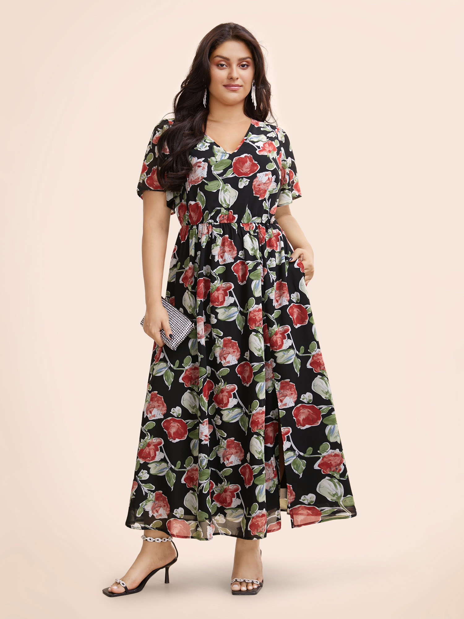 

Plus Size Floral Tie Knot Slit Hem Maxi Dress Black Women Formal Tie knot V-neck Short sleeve Curvy BloomChic