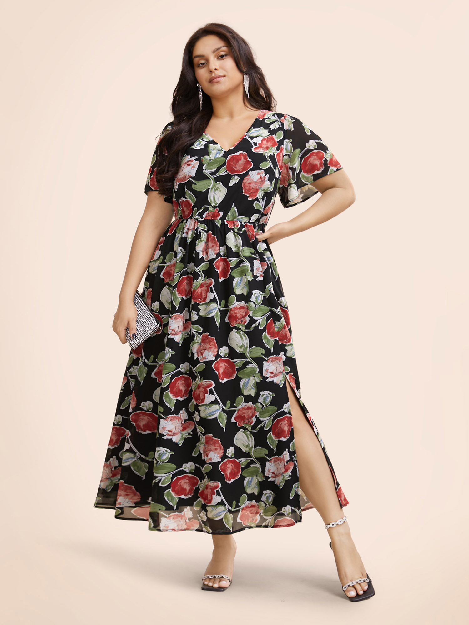 

Plus Size Floral Tie Knot Slit Hem Maxi Dress Black Women Formal Tie knot V-neck Short sleeve Curvy BloomChic