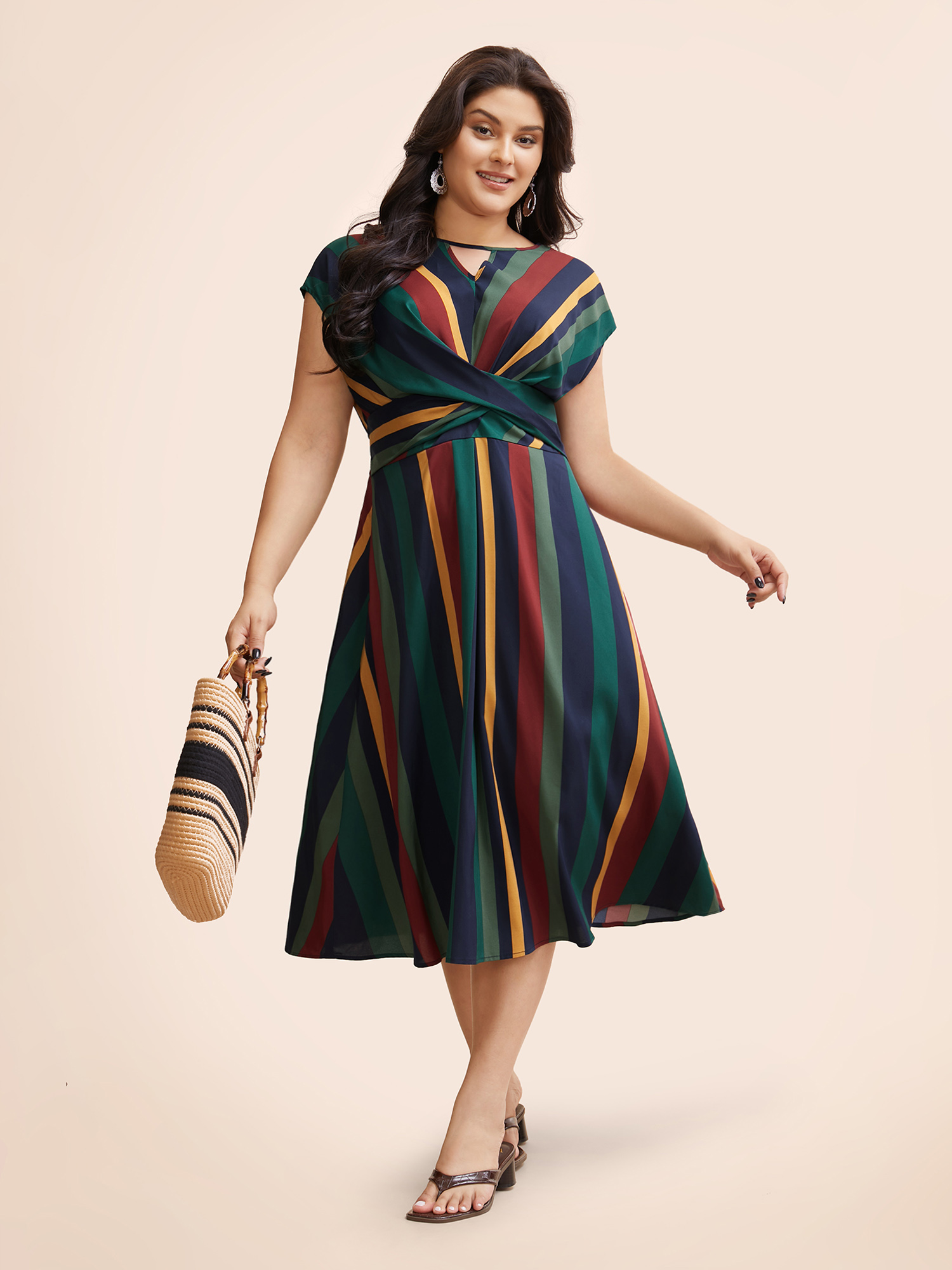 

Plus Size Striped Crossover Shirred Cap Sleeve Dress Multicolor Women Resort Twist Round Neck Cap Sleeve Curvy BloomChic