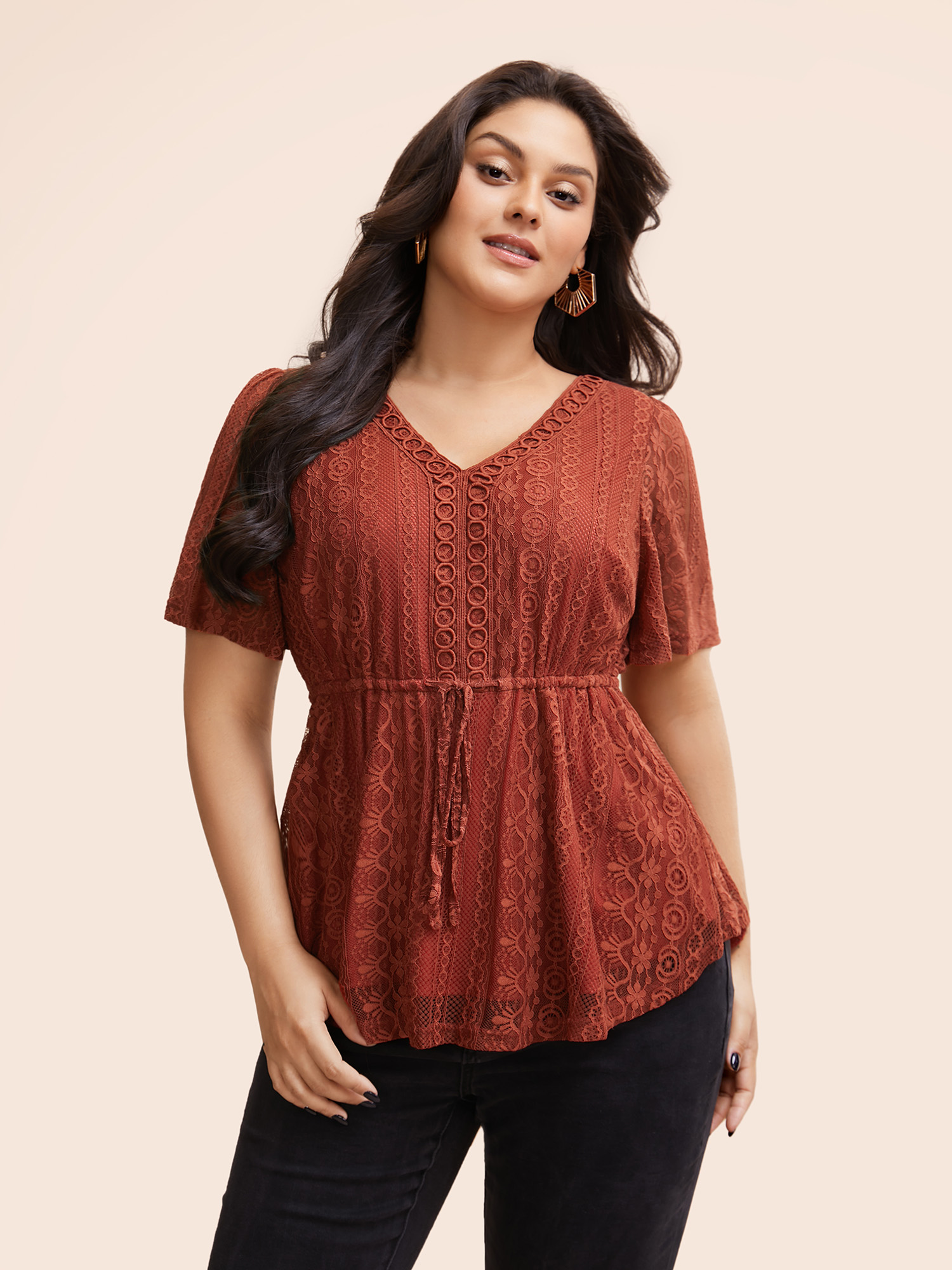 

Plus Size Russet V Neck Lace Panel Drawstring Blouse Women Elegant Short sleeve V-neck Everyday Blouses BloomChic