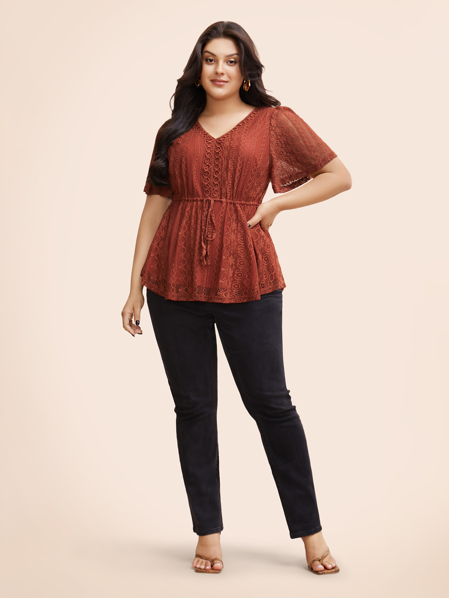 Plus Size Russet V Neck Lace Panel Drawstring Blouse Women Elegant Short sleeve V-neck Everyday Blouses BloomChic 30/6X 