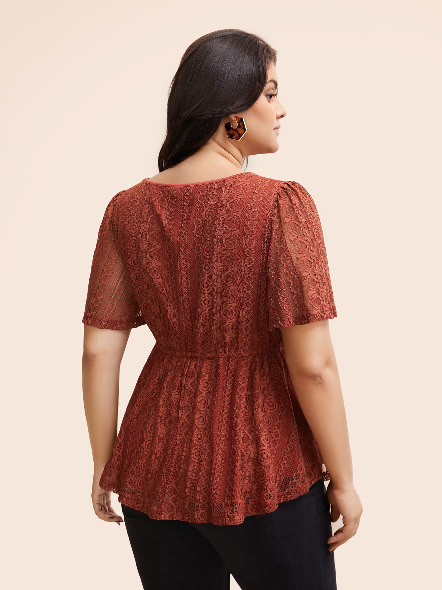Plus Size Russet V Neck Lace Panel Drawstring Blouse Women Elegant Short sleeve V-neck Everyday Blouses BloomChic 30/6X 