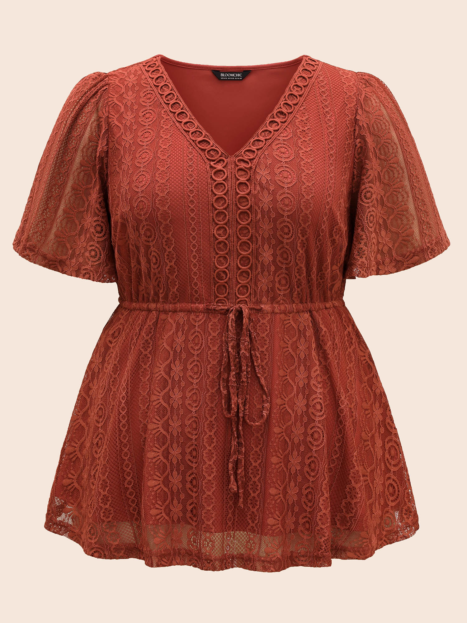 Plus Size Russet V Neck Lace Panel Drawstring Blouse Women Elegant Short sleeve V-neck Everyday Blouses BloomChic 30/6X 