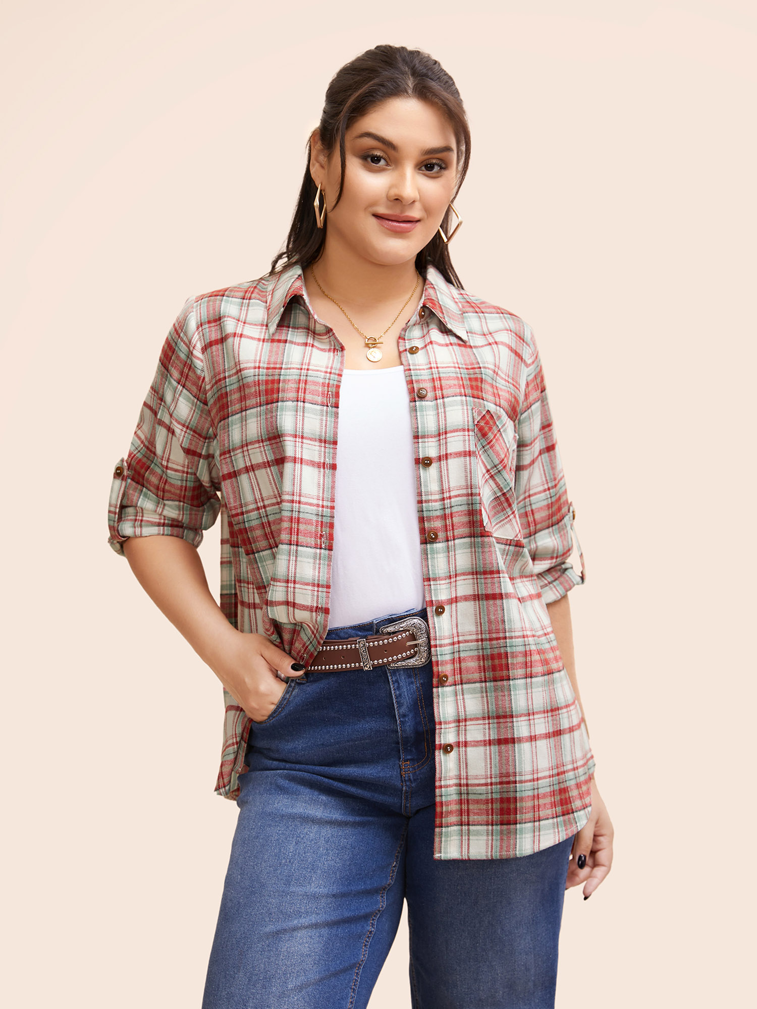 

Plus Size Multicolor Plaid Patched Pocket Curved Hem Blouse Women Casual Extra Long Sleeve Shirt collar Everyday Blouses BloomChic
