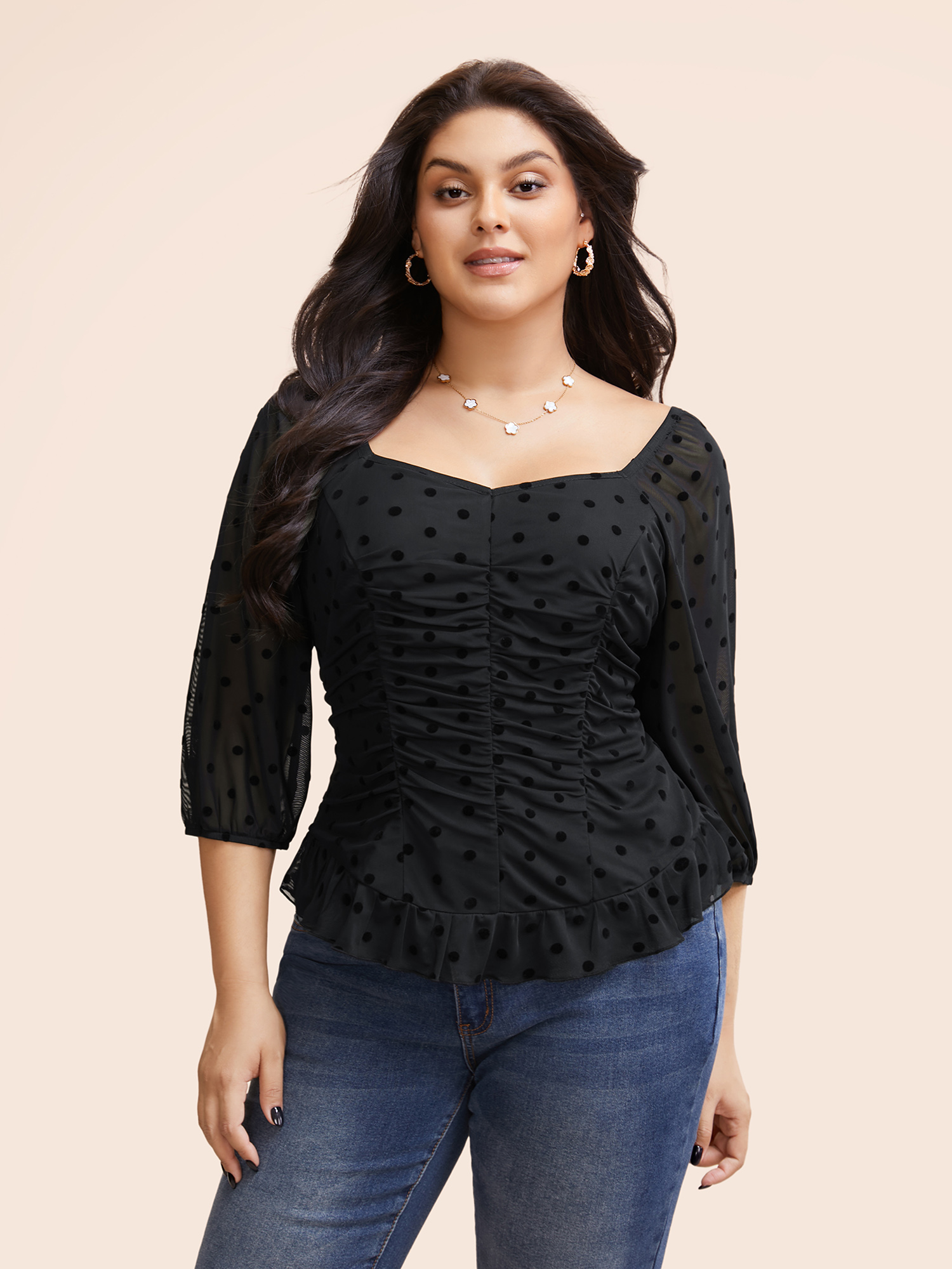 

Plus Size Black Polka Dot Ruffles Ruched Raglan Sleeve Blouse Women Elegant Elbow-length sleeve Heart neckline Everyday Blouses BloomChic