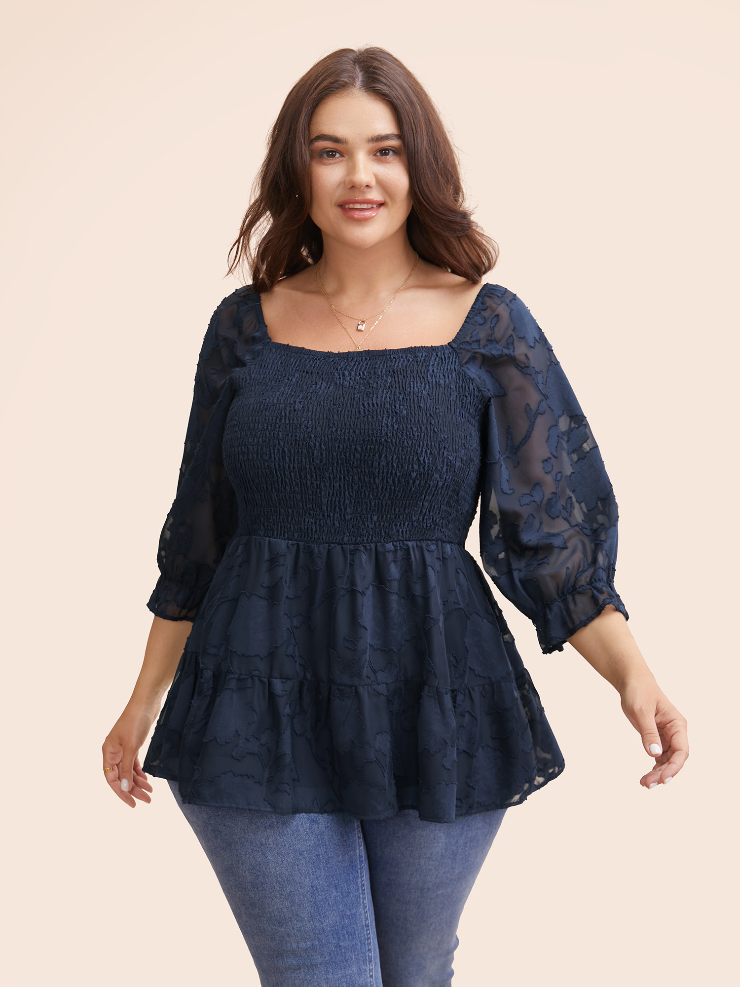 

Plus Size Indigo Jacquard Mesh Shirred Lantern Sleeve Blouse Women Elegant Elbow-length sleeve Square Neck Everyday Blouses BloomChic