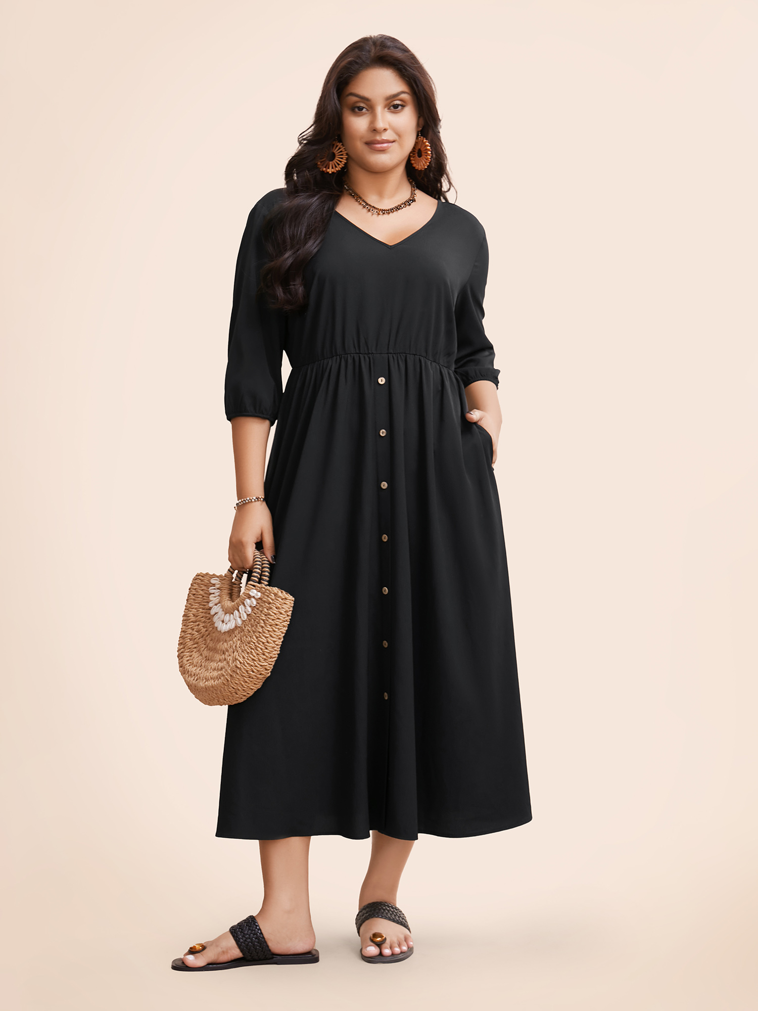 

Plus Size Lace Panel Button Detail Elastic Waist Dress Black Women Resort Woven ribbon&lace trim V-neck Elbow-length sleeve Curvy BloomChic