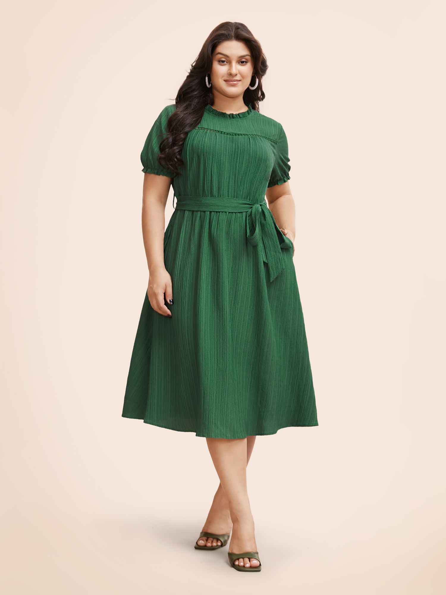 

Plus Size Textured Frill Trim Puff Sleeve Dress Emerald Women Elegant Woven ribbon&lace trim Mock Neck Short sleeve Curvy BloomChic