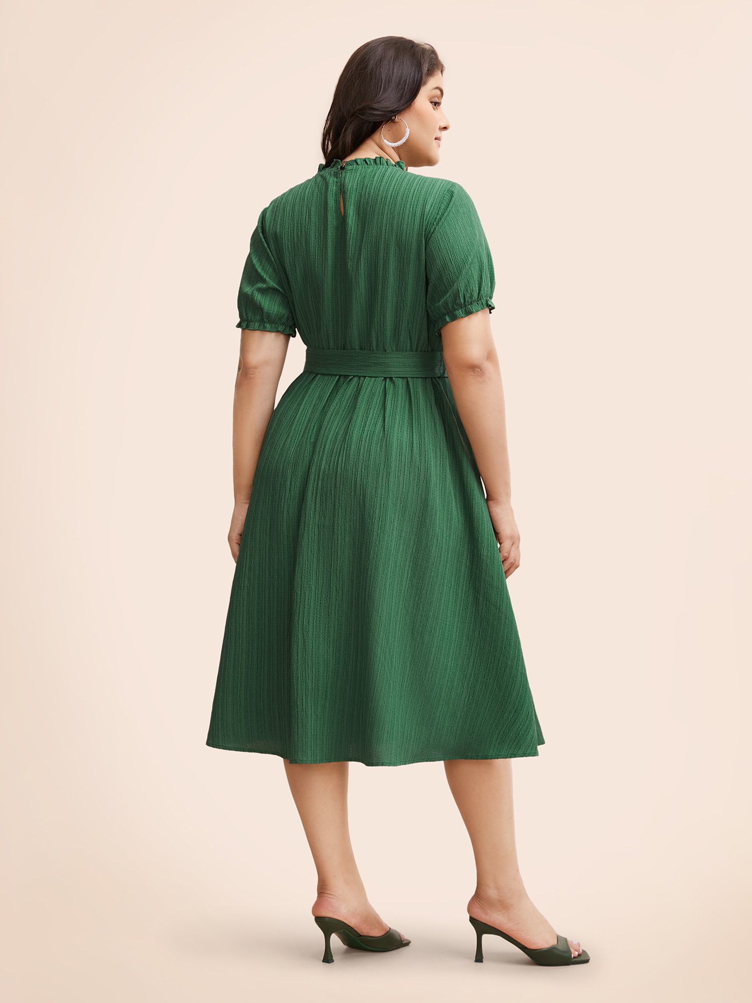 

Plus Size Textured Frill Trim Puff Sleeve Dress Emerald Women Elegant Woven ribbon&lace trim Mock Neck Short sleeve Curvy BloomChic