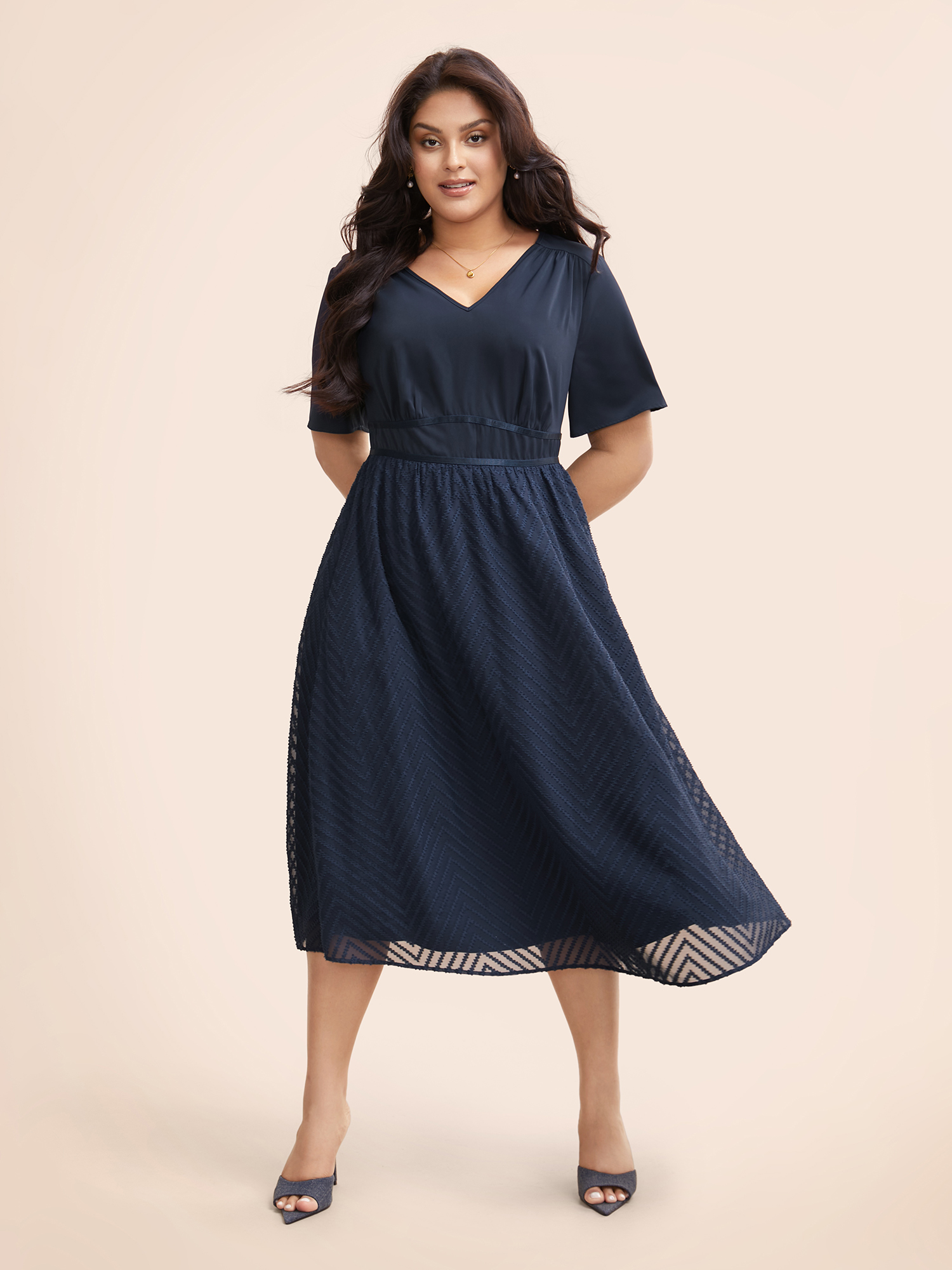 

Plus Size Chiffon Patchwork Contrast Webbing Midi Dress Navy Women Elegant Woven ribbon&lace trim V-neck Short sleeve Curvy BloomChic