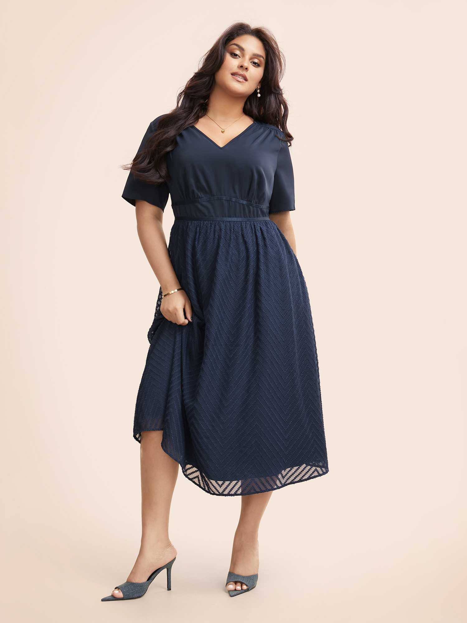 

Plus Size Chiffon Patchwork Contrast Webbing Midi Dress Navy Women Elegant Woven ribbon&lace trim V-neck Short sleeve Curvy BloomChic