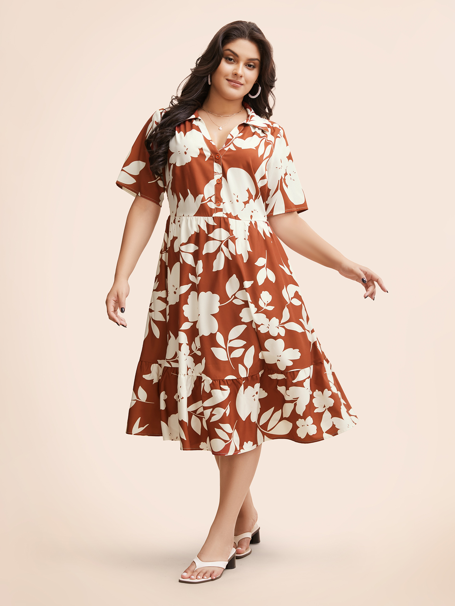 Plus Size Silhouette Floral Print Button Detail Midi Dress Russet Women Elegant Button Shirt collar Short sleeve Curvy BloomChic 10/M 