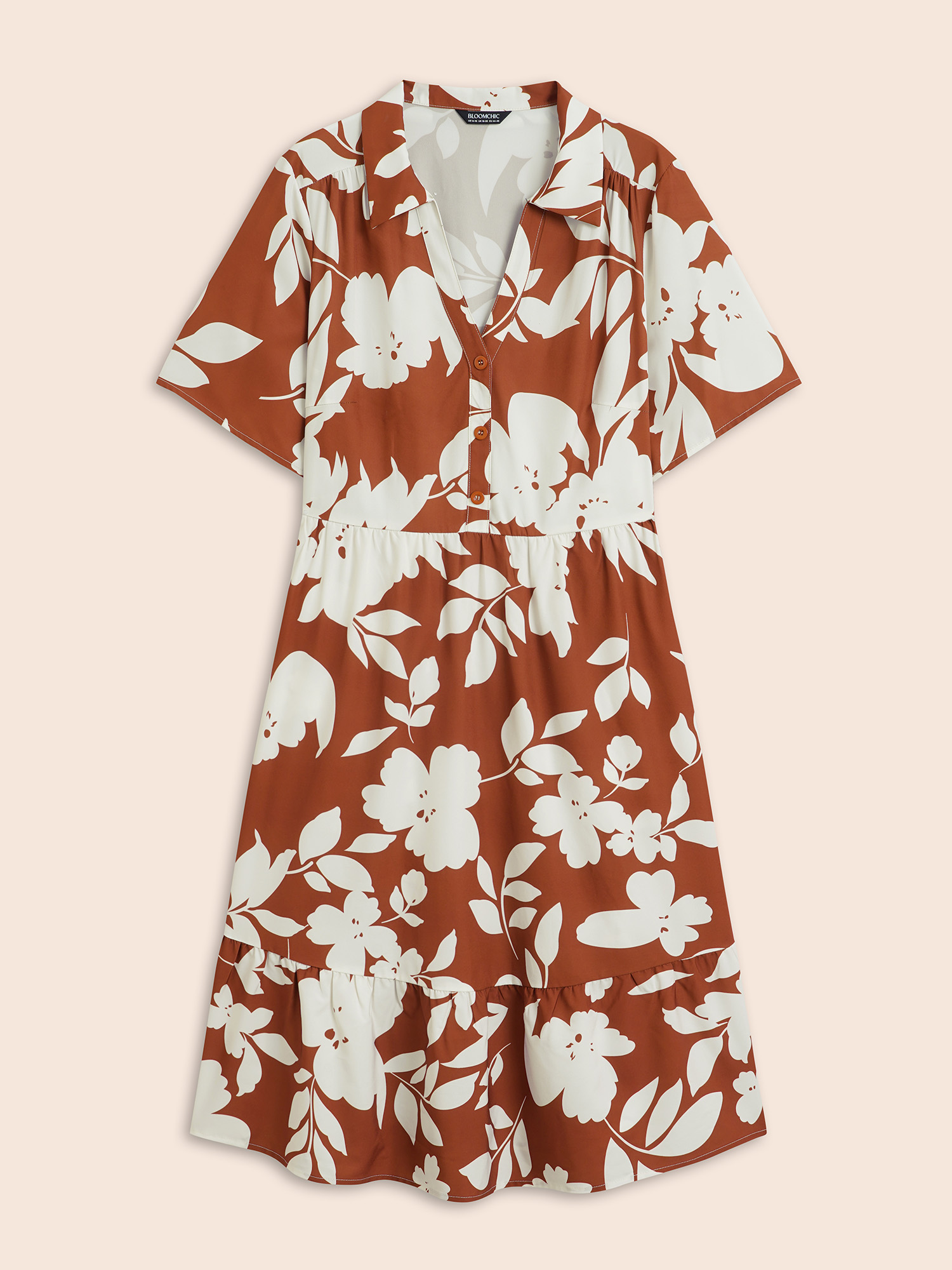 Plus Size Silhouette Floral Print Button Detail Midi Dress Russet Women Elegant Button Shirt collar Short sleeve Curvy BloomChic 10/M 