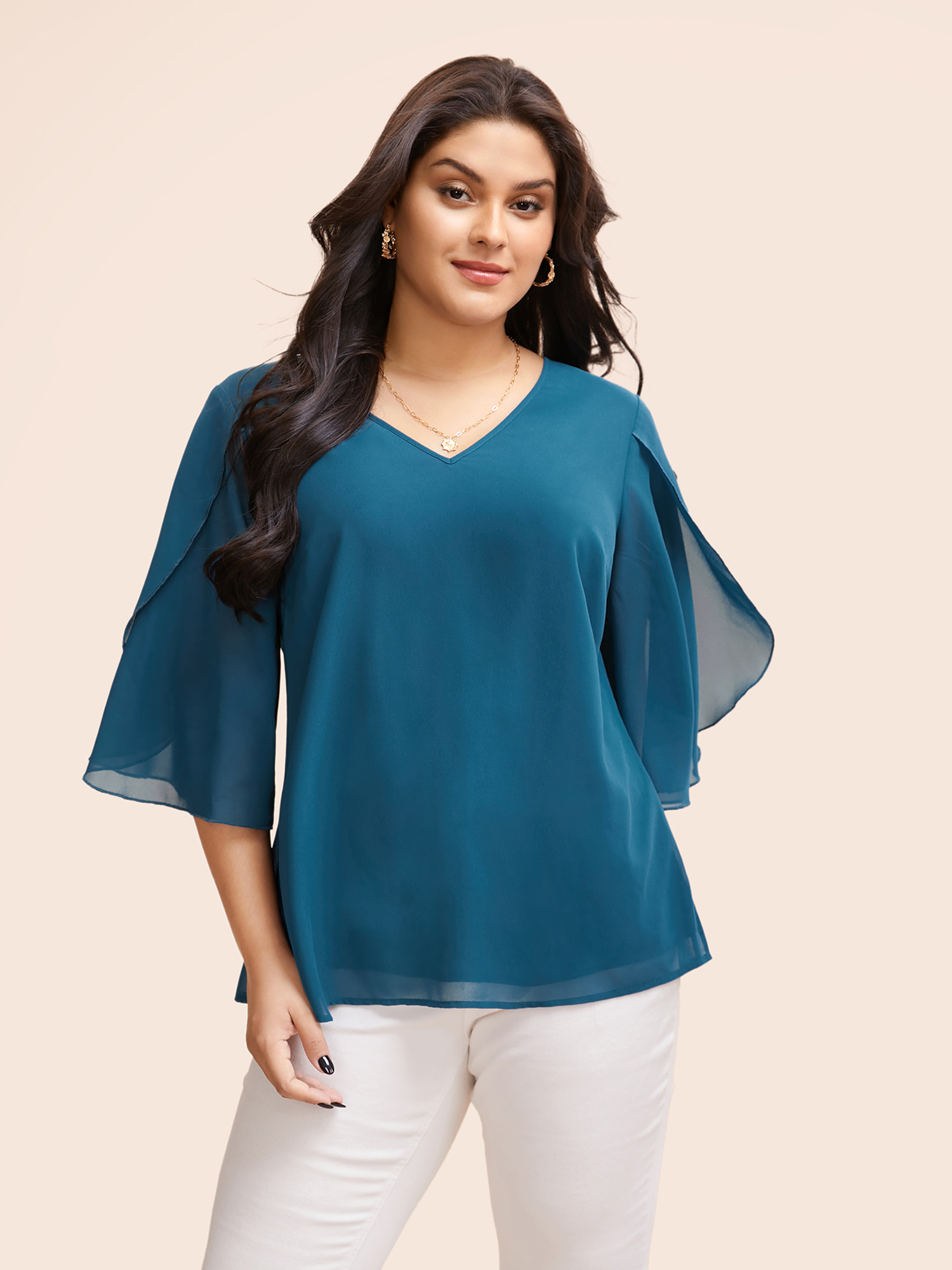 

Plus Size Aegean Chiffon Gathered Petal Sleeve Blouse Women Elegant Elbow-length sleeve V-neck Everyday Blouses BloomChic