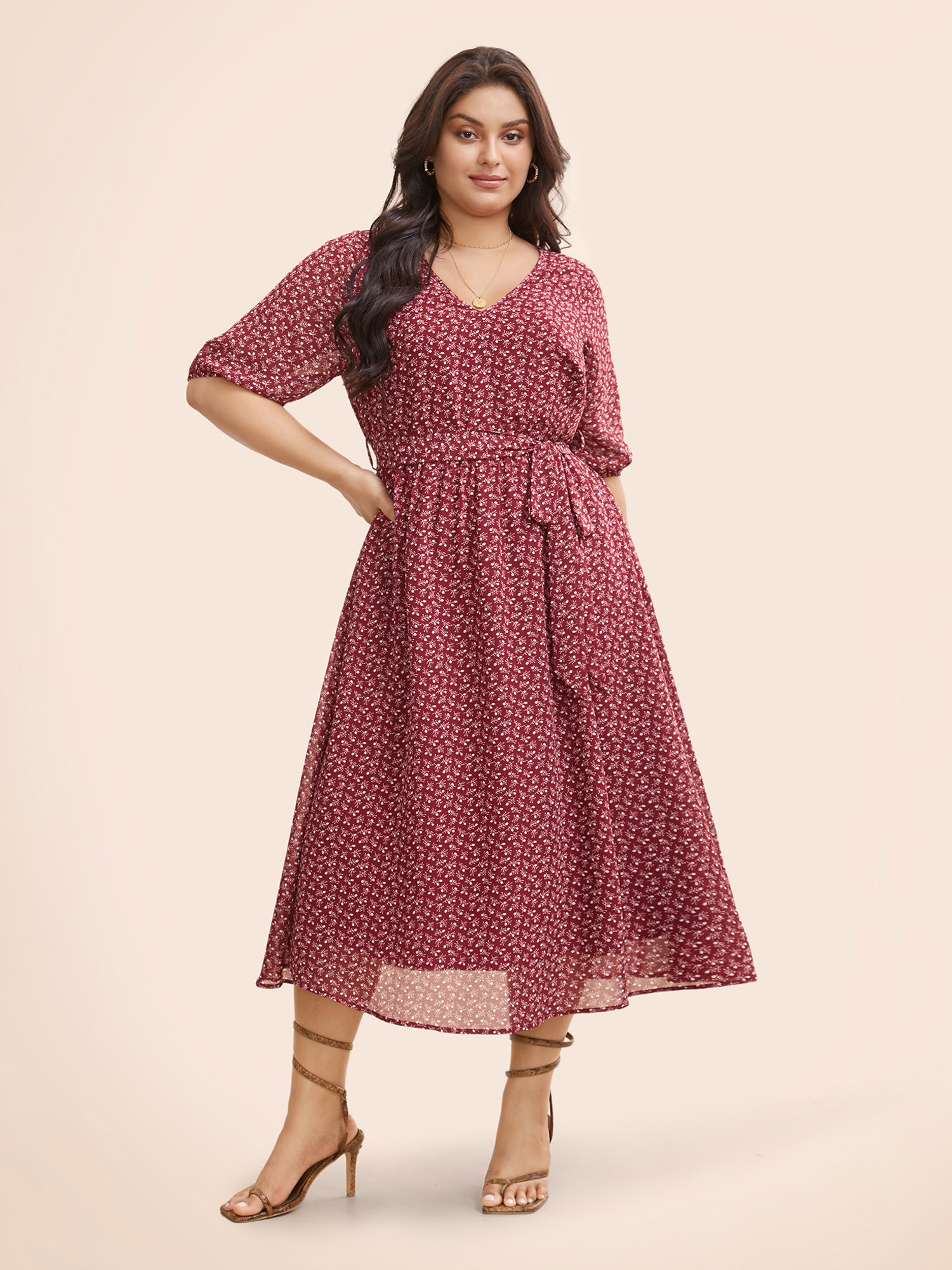 

Plus Size Chiffon Ditsy Floral Lantern Sleeve Dress Burgundy Women Elegant See through V-neck Half Sleeve Curvy BloomChic