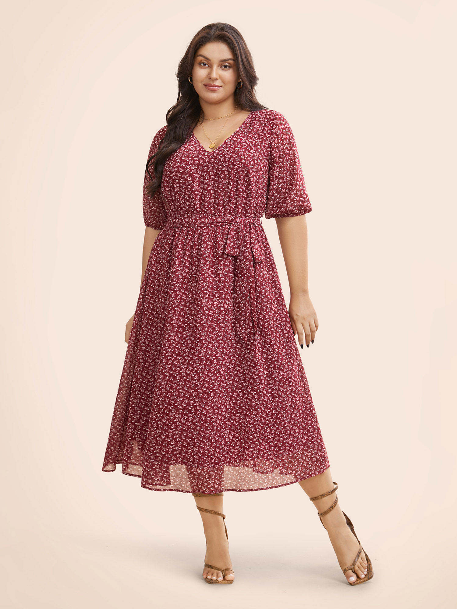 

Plus Size Chiffon Ditsy Floral Lantern Sleeve Dress Burgundy Women Elegant See through V-neck Half Sleeve Curvy BloomChic