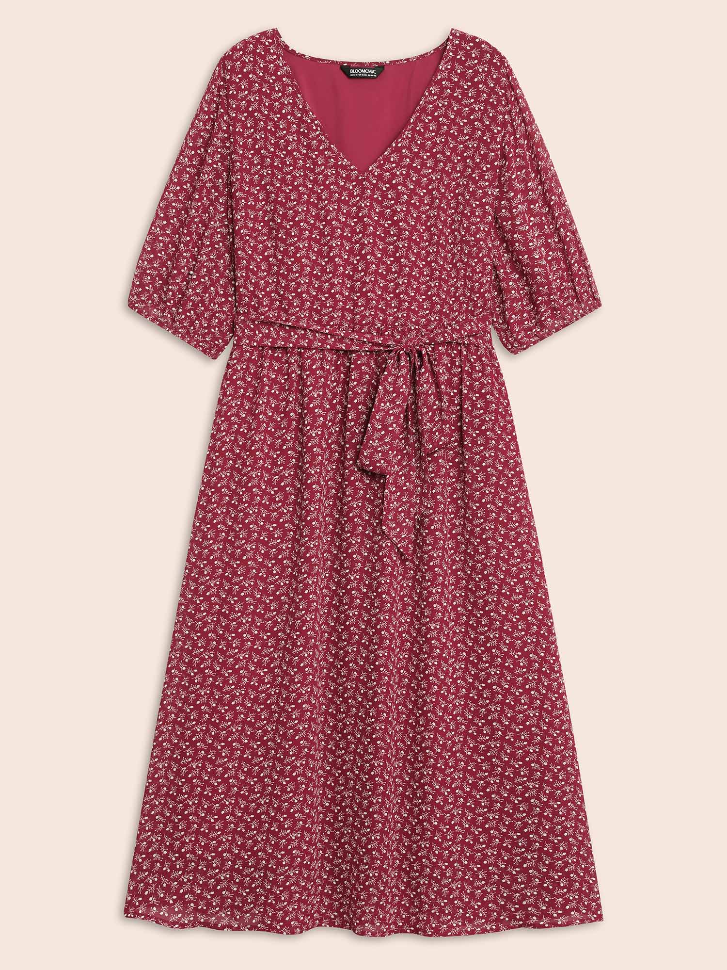 

Plus Size Chiffon Ditsy Floral Lantern Sleeve Dress Burgundy Women Elegant See through V-neck Half Sleeve Curvy BloomChic