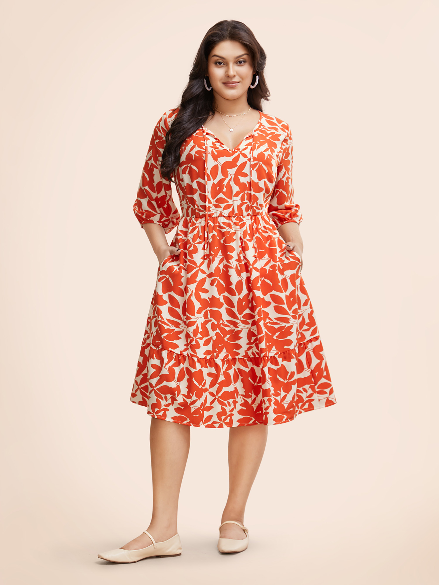 

Plus Size Silhouette Floral Print Tie Knot Lantern Sleeve Dress OrangeRed Women Elegant Tie knot V-neck Elbow-length sleeve Curvy BloomChic