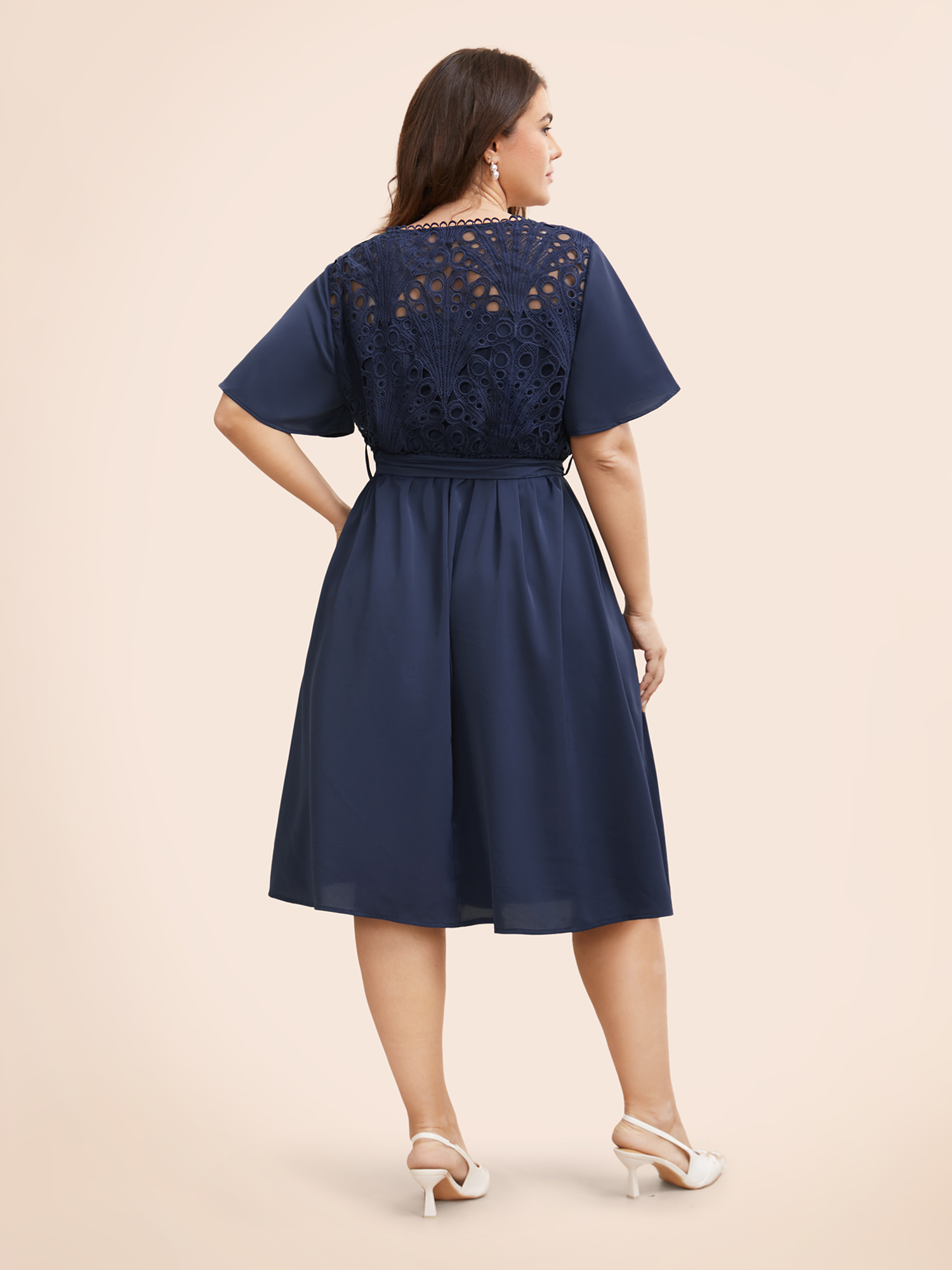 

Plus Size Round Neck Lace Patchwork Ruffle Sleeve Dress DarkBlue Women Elegant Woven ribbon&lace trim Round Neck Short sleeve Curvy BloomChic