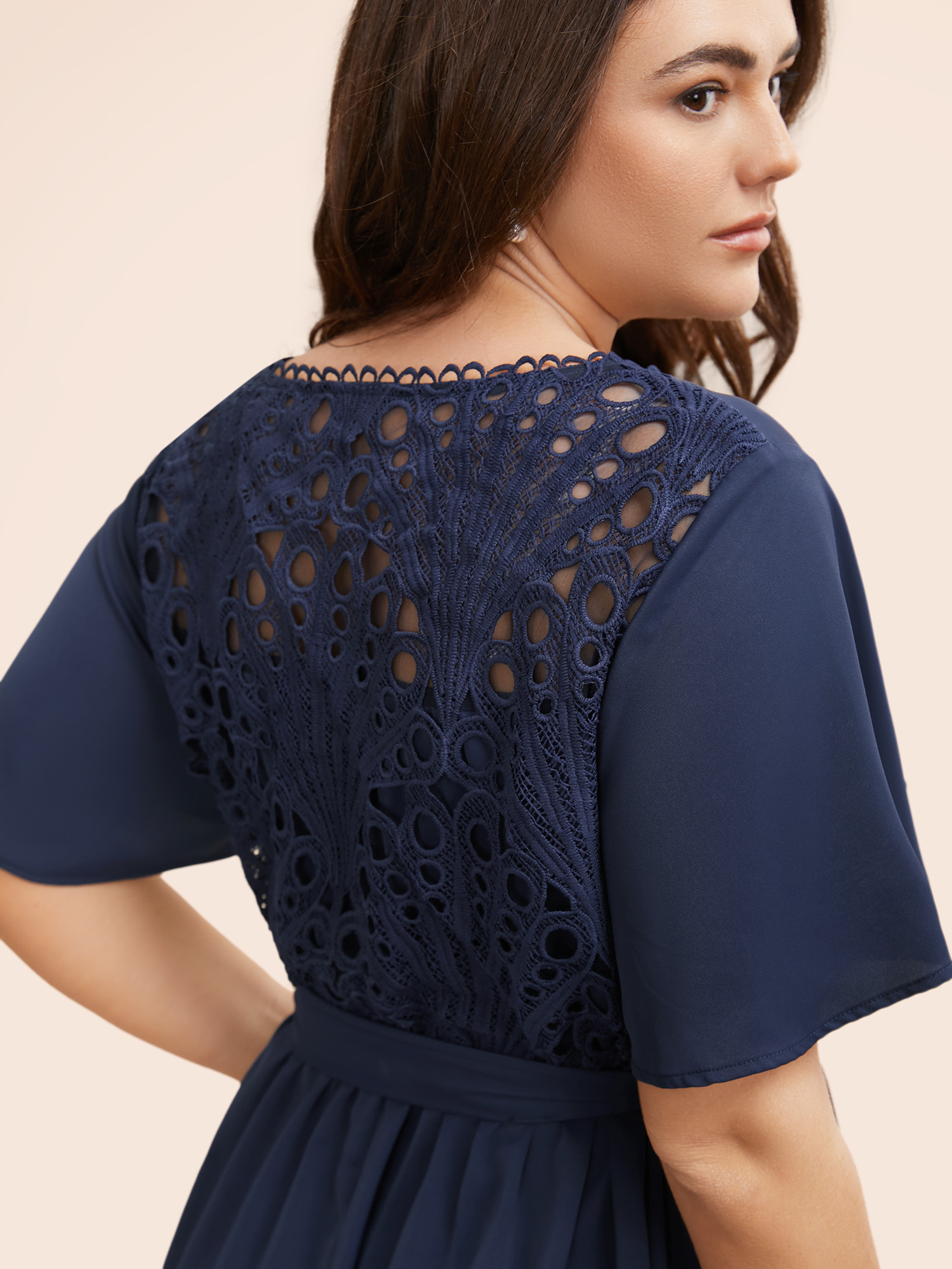 Plus Size Round Neck Lace Patchwork Ruffle Sleeve Dress DarkBlue Women Elegant Woven ribbon&lace trim Round Neck Short sleeve Curvy BloomChic 22-24/3X 