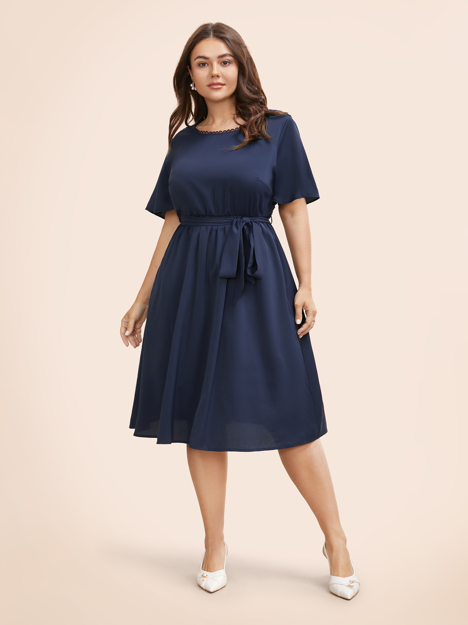 Plus Size Round Neck Lace Patchwork Ruffle Sleeve Dress DarkBlue Women Elegant Woven ribbon&lace trim Round Neck Short sleeve Curvy BloomChic 22-24/3X 