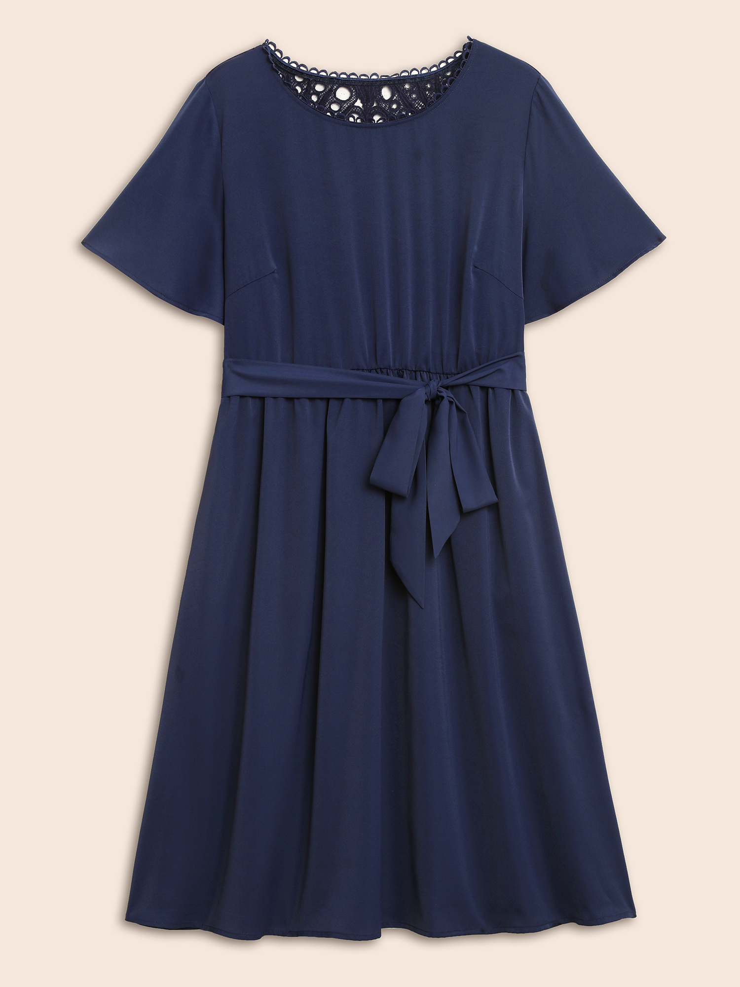 Plus Size Round Neck Lace Patchwork Ruffle Sleeve Dress DarkBlue Women Elegant Woven ribbon&lace trim Round Neck Short sleeve Curvy BloomChic 22-24/3X 