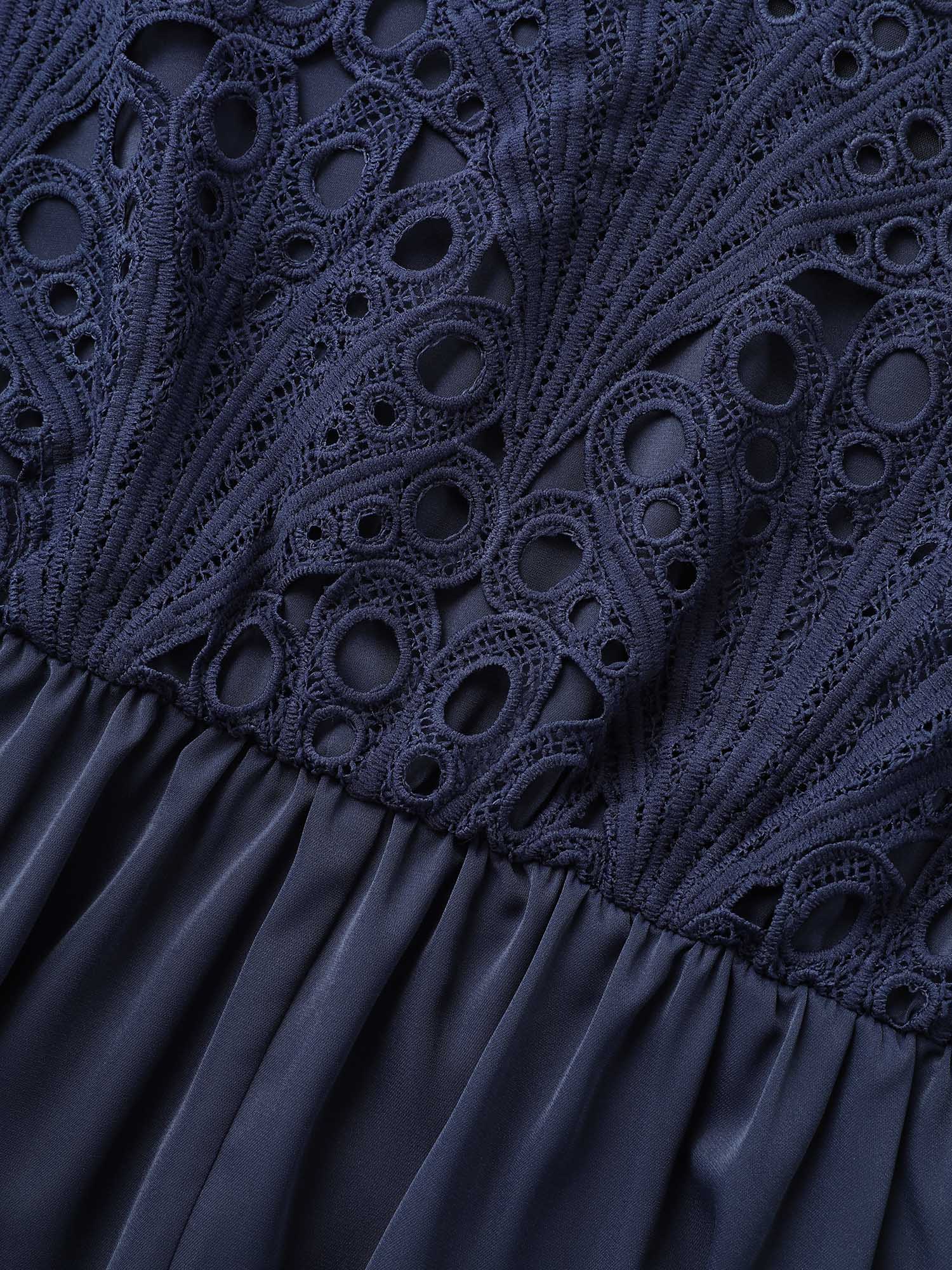 Plus Size Round Neck Lace Patchwork Ruffle Sleeve Dress DarkBlue Women Elegant Woven ribbon&lace trim Round Neck Short sleeve Curvy BloomChic 22-24/3X 