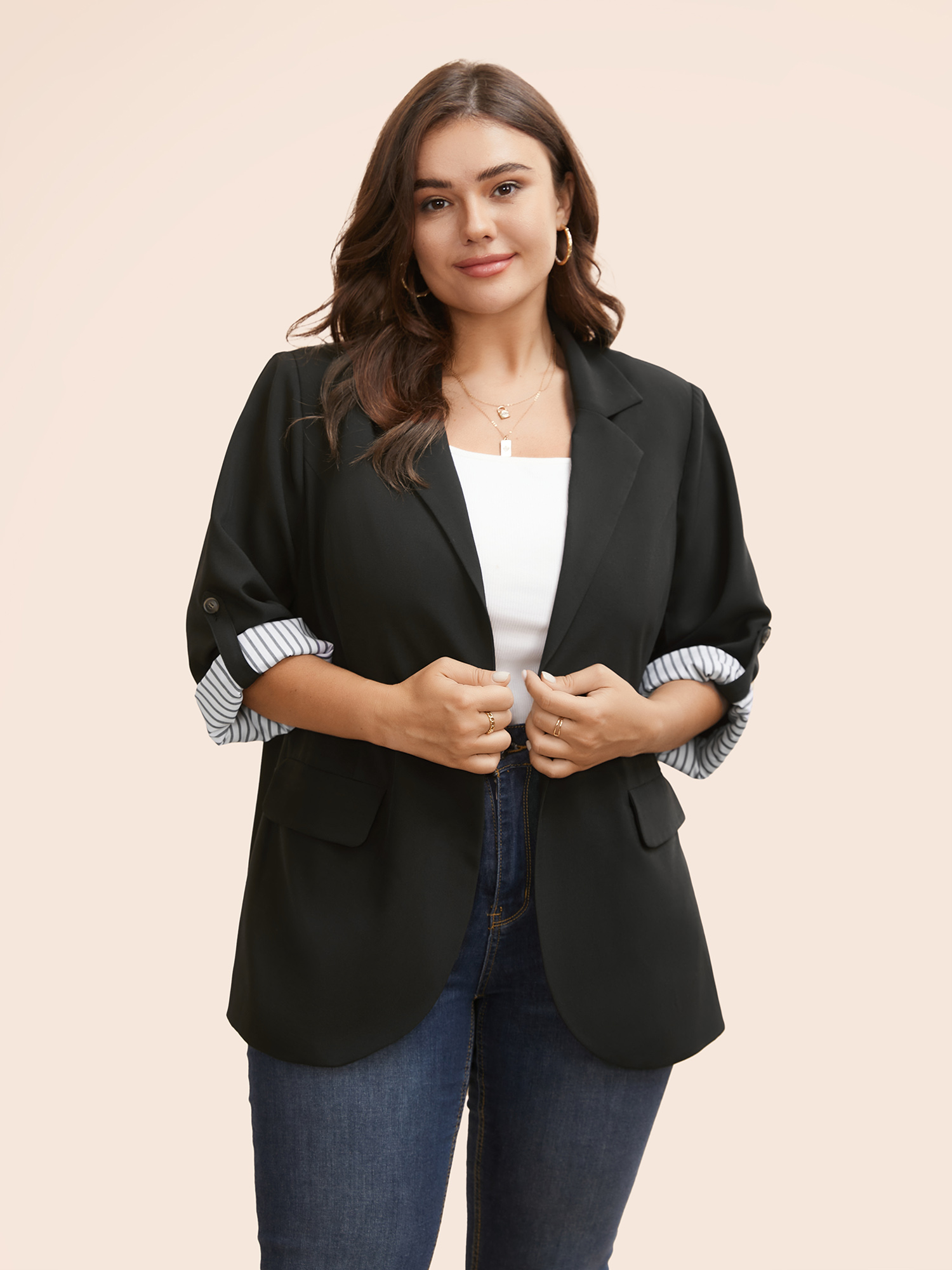 

Plus Size Suit Collar Striped Patchwork Tab Sleeve Blazer Black Women Everyday Contrast Button cuff sleeve Extra Long Sleeve Suit Collar  Open pocket with flap Casual Blazers BloomChic