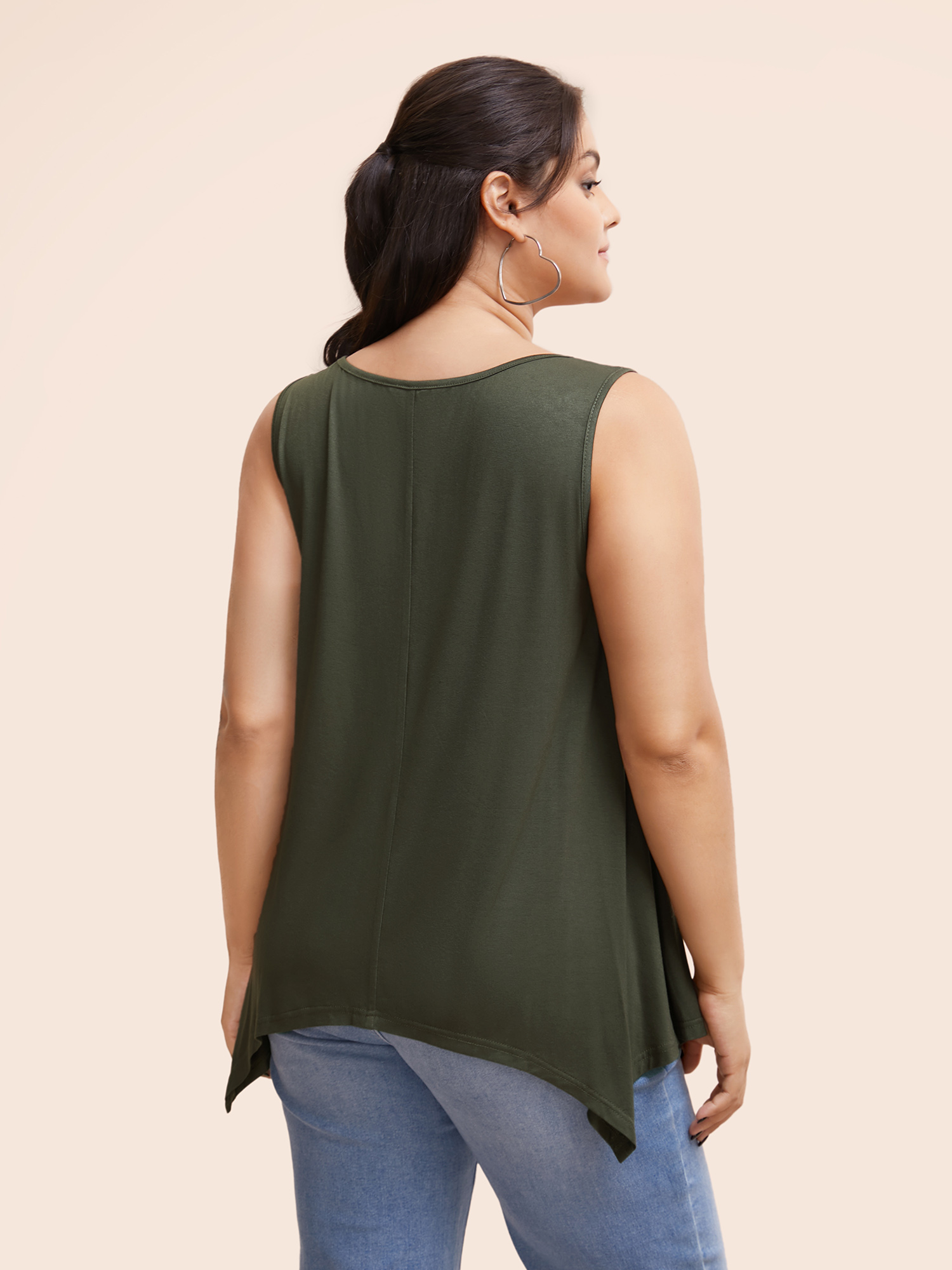 

Plus Size Solid Gathered Hanky Hem Tank Top Women ArmyGreen Casual Gathered Round Neck Everyday Tank Tops Camis BloomChic