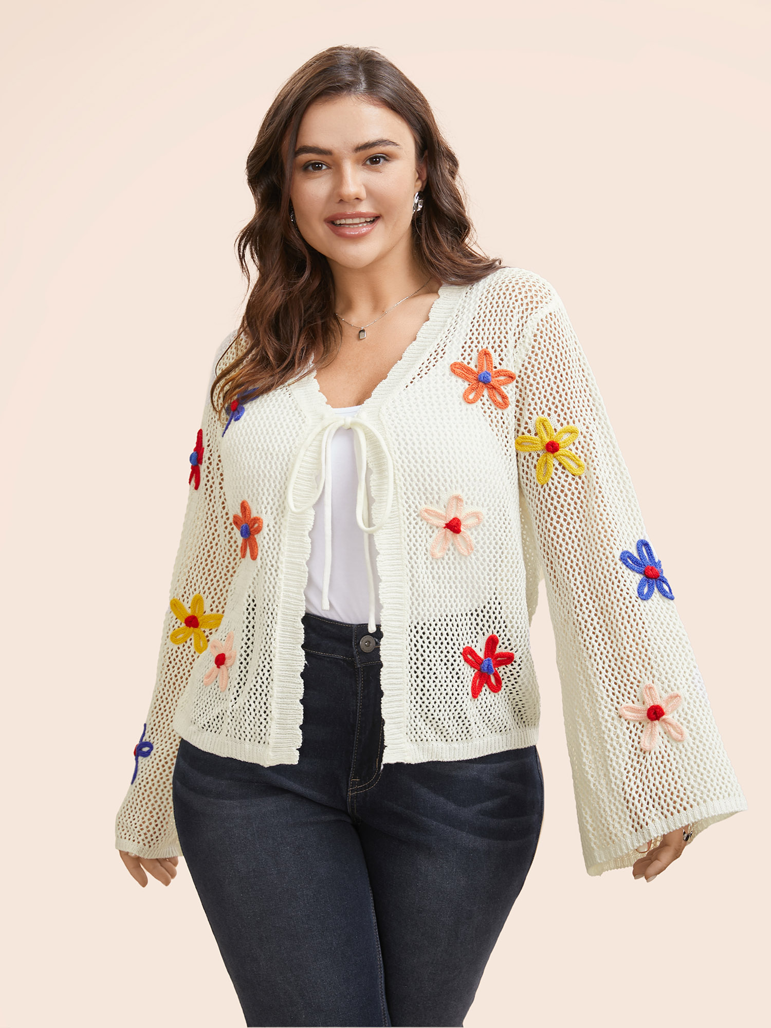 

Plus Size Knit Floral Front Tie Cardigan Ivory Women Casual Loose Long Sleeve Everyday Cardigans BloomChic