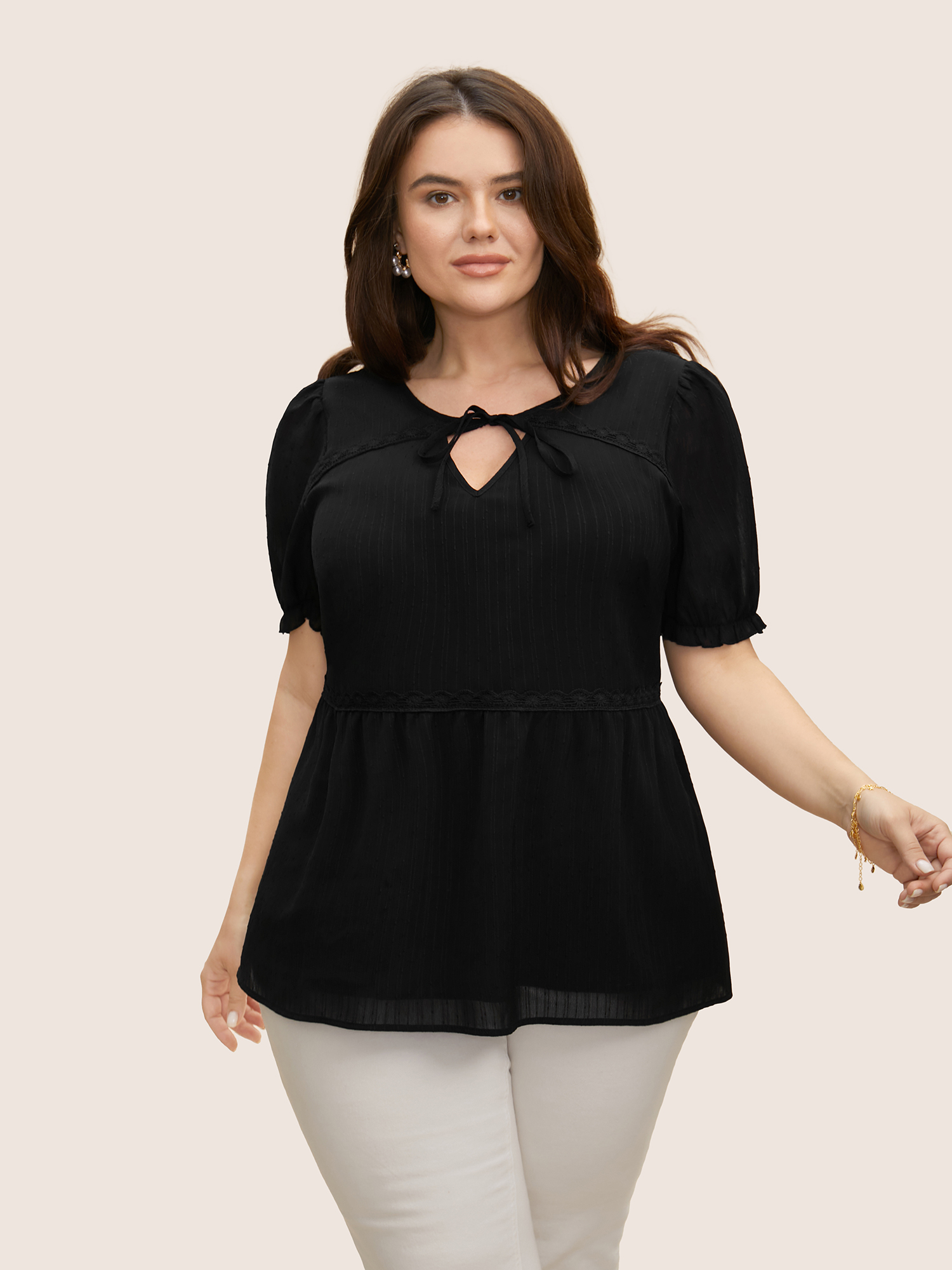 

Plus Size Black Lace Panel Knot Neck Lantern Sleeve Blouse Women Elegant Short sleeve V-neck Everyday Blouses BloomChic