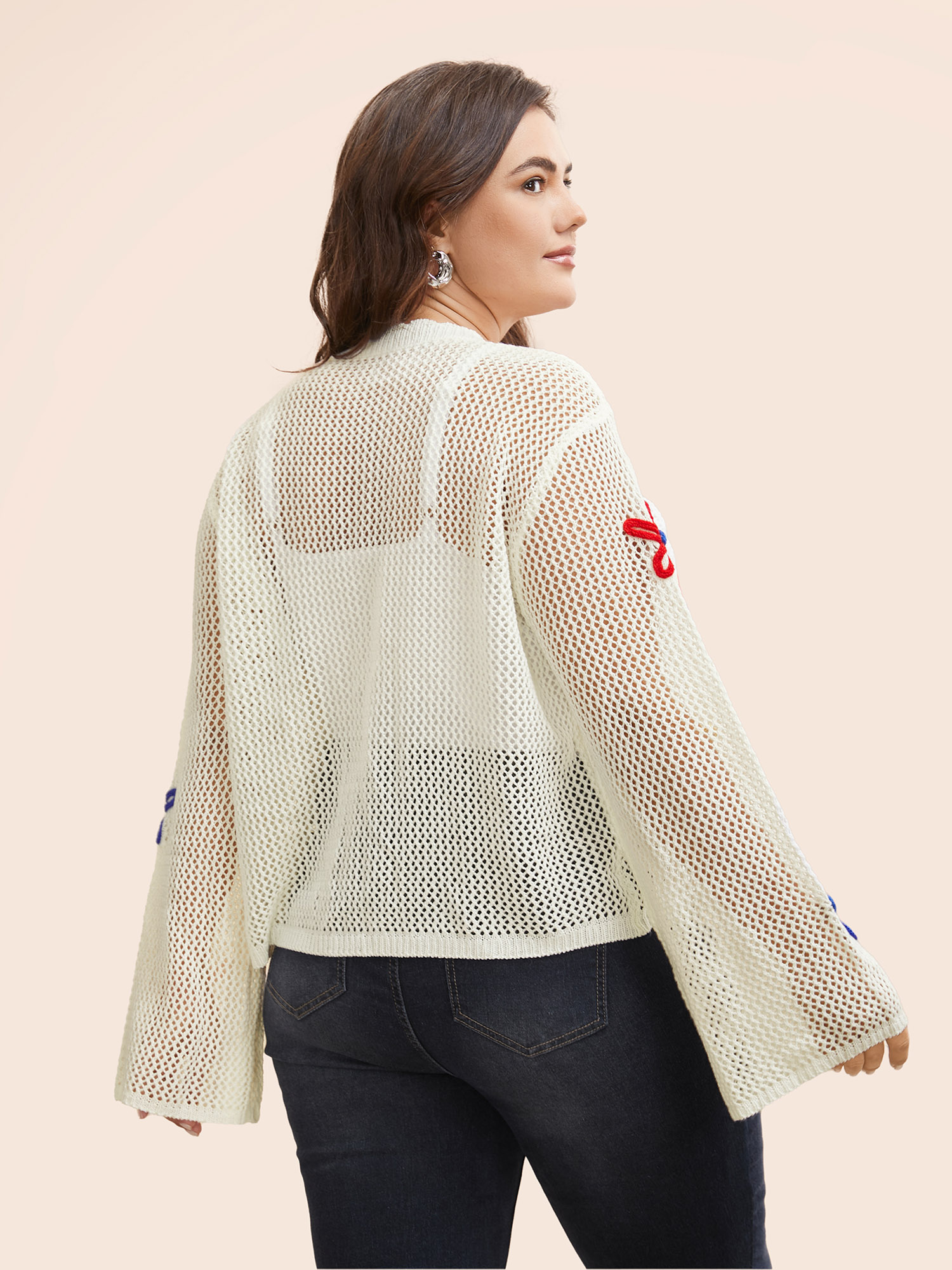 Plus Size Knit Floral Front Tie Cardigan Ivory Women Casual Loose Long Sleeve Everyday Cardigans BloomChic 12/L 