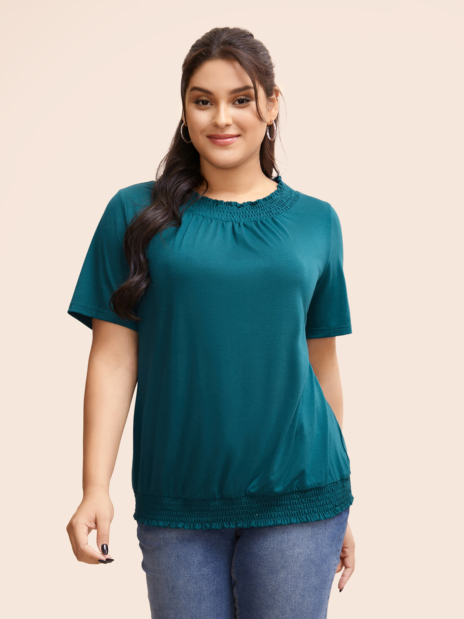 

Plus Size Solid Wrap Collar Gathered T-shirt Cyan Women Casual Gathered Wrap collar Everyday T-shirts BloomChic