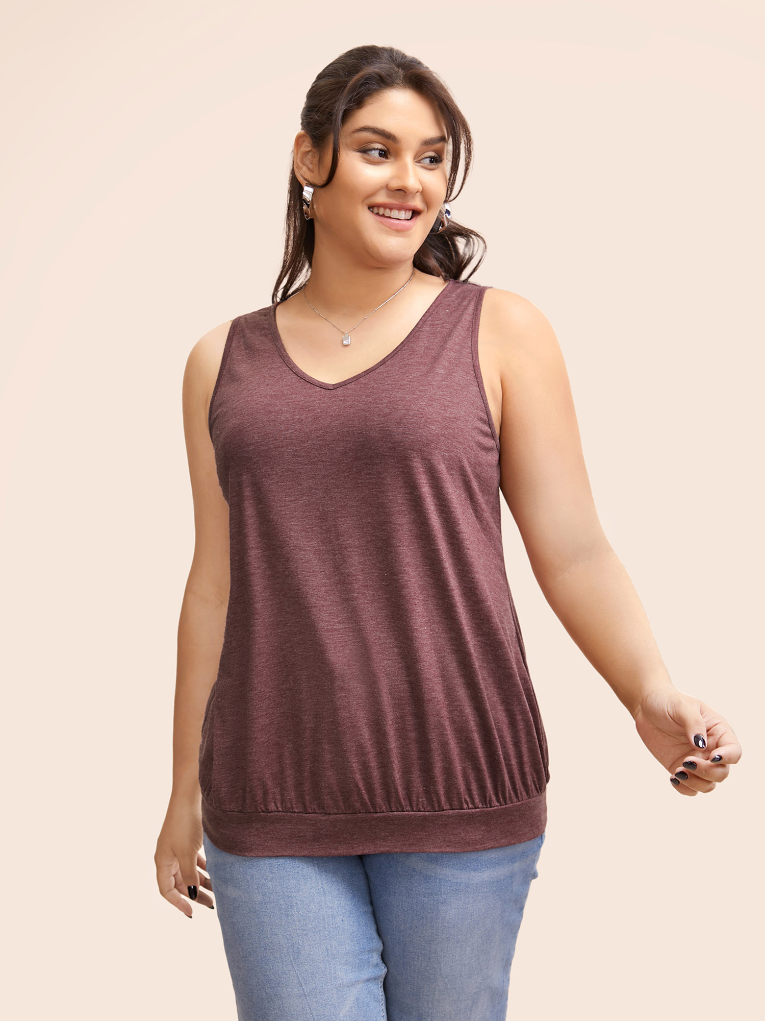 

Plus Size V Neck Solid Heather Gathered Tank Top Women Russet Casual Non V-neck Everyday Tank Tops Camis BloomChic