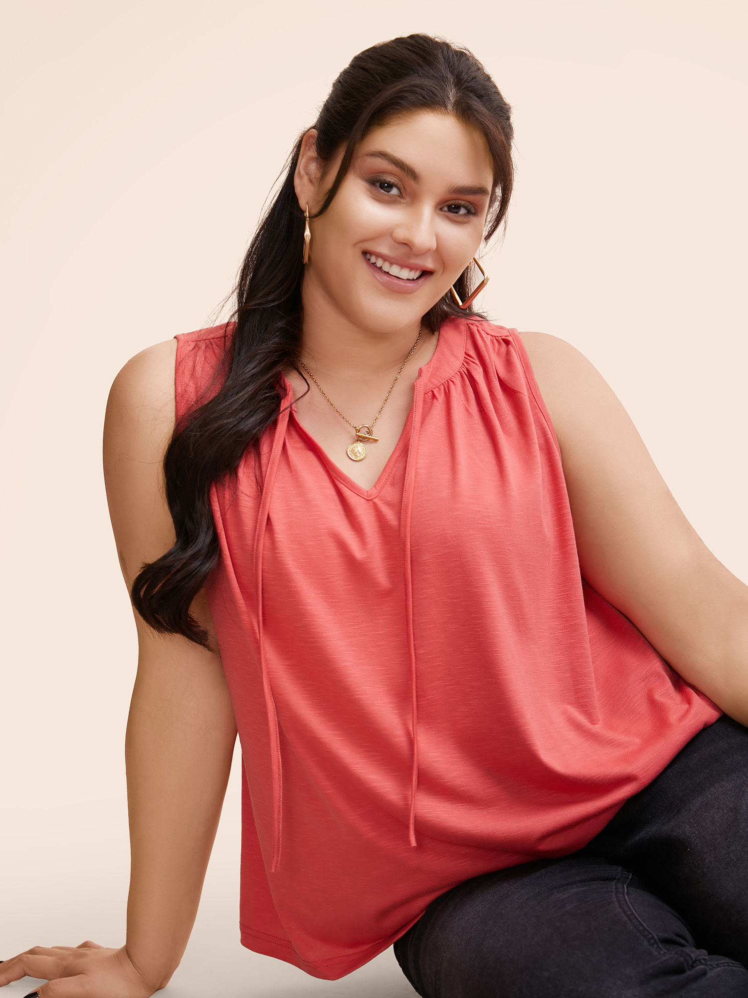 

Plus Size Solid Tie Knot Gathered Tank Top Women Salmon Casual Tie knot V-neck Everyday Tank Tops Camis BloomChic