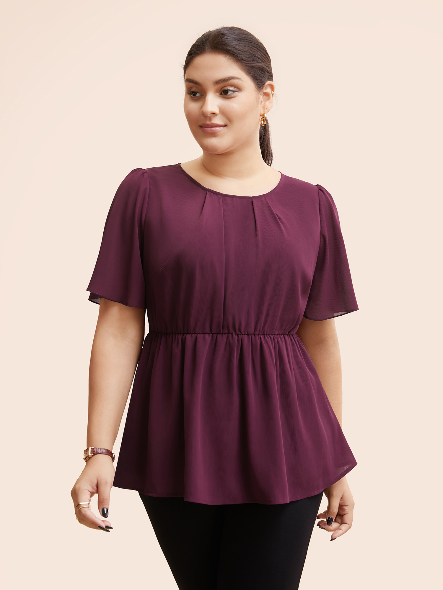 

Plus Size Plum Solid Elastic Waist Ruffle Sleeve Blouse Women Workwear Essentials Short sleeve Round Neck Work Blouses BloomChic