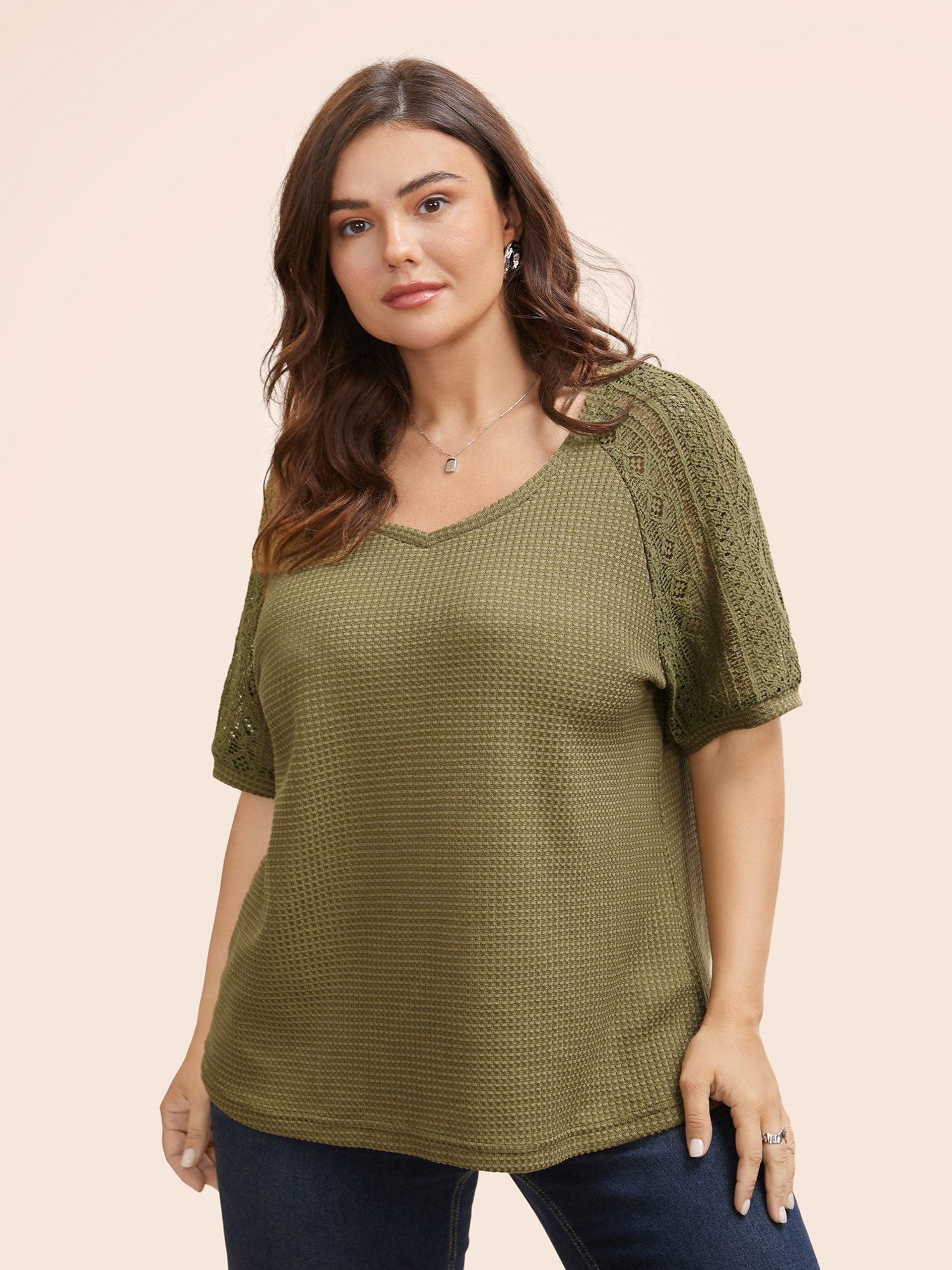 

Plus Size V Neck Waffle Knit Crochet Lace T-shirt Olive Women Casual Texture V-neck Everyday T-shirts BloomChic