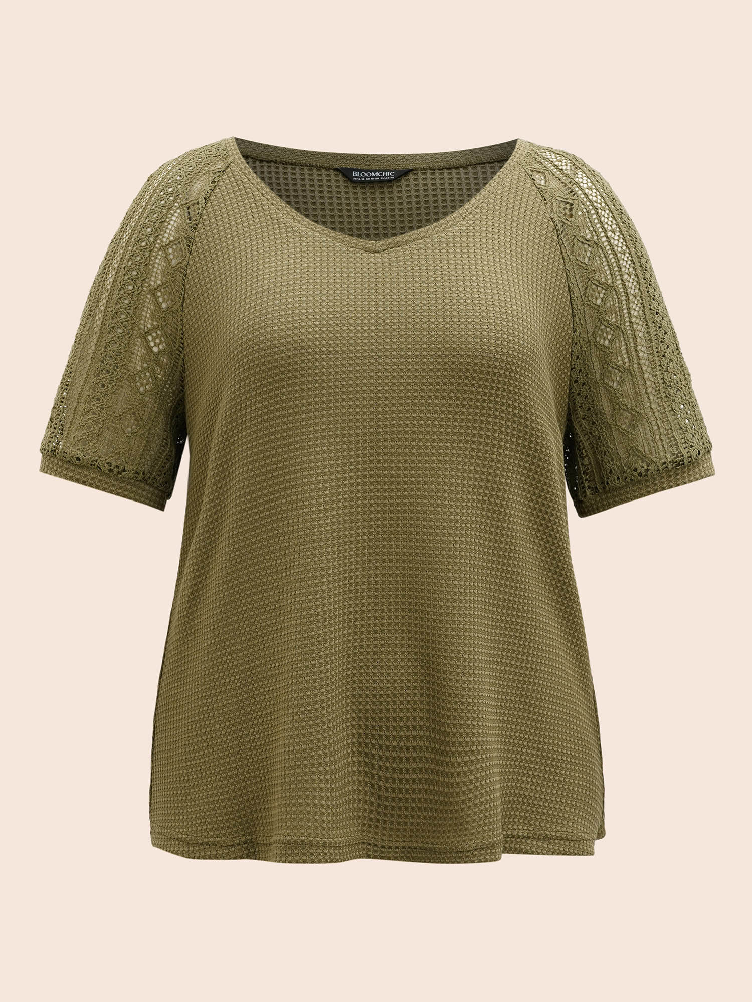 

Plus Size V Neck Waffle Knit Crochet Lace T-shirt Olive Women Casual Texture V-neck Everyday T-shirts BloomChic