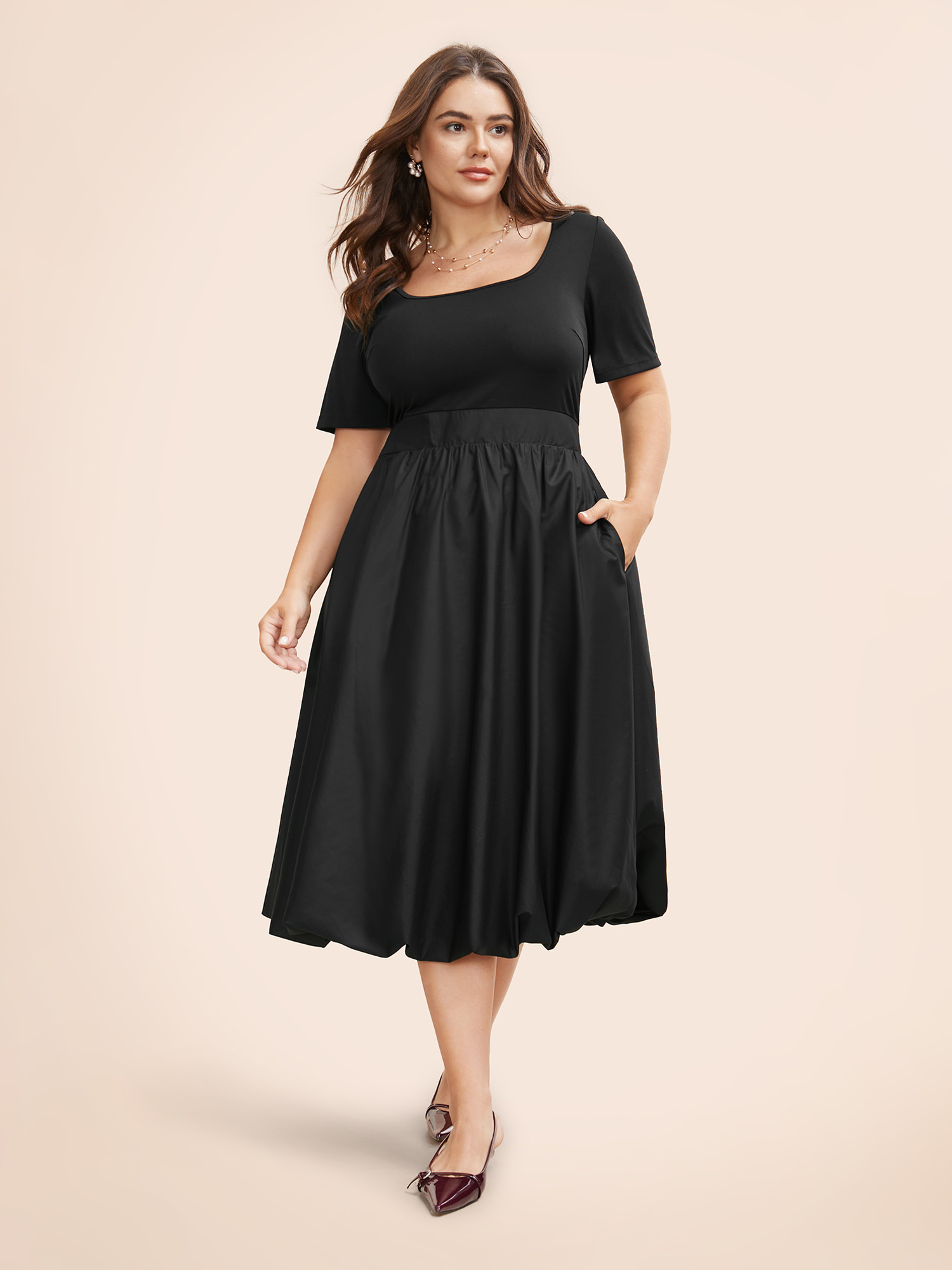 

Plus Size Solid Square Neck Shirred Midi Dress Black Women Elegant Patchwork Square Neck Short sleeve Curvy BloomChic