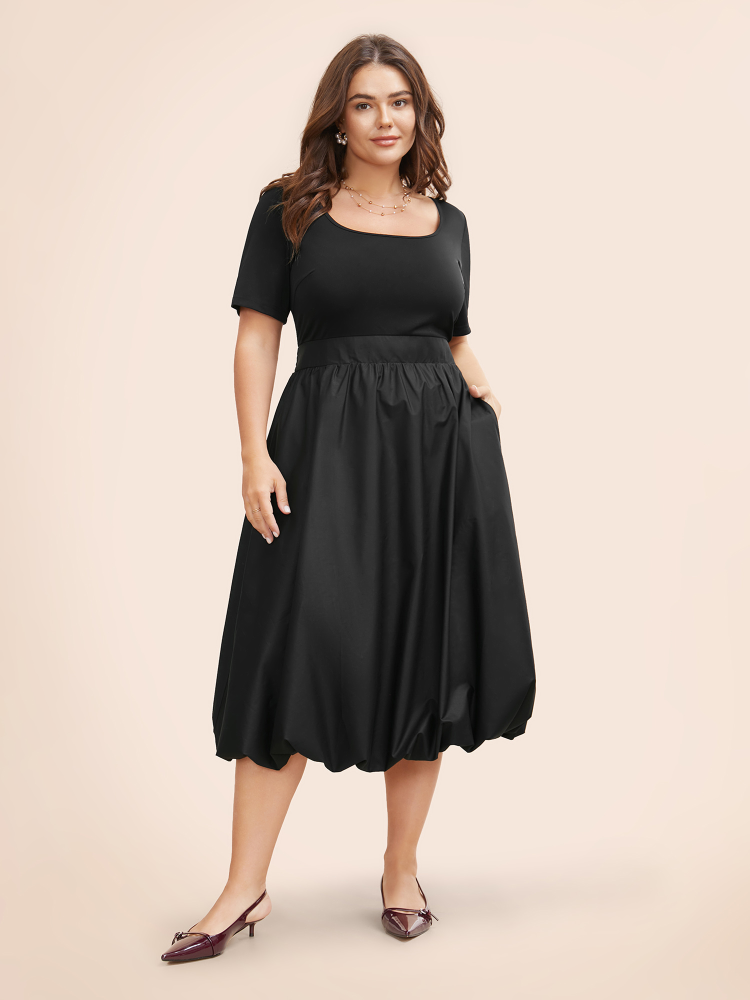 

Plus Size Solid Shirred Bubble Hem Midi Dress Black Women Elegant Patchwork Square Neck Short sleeve Curvy BloomChic