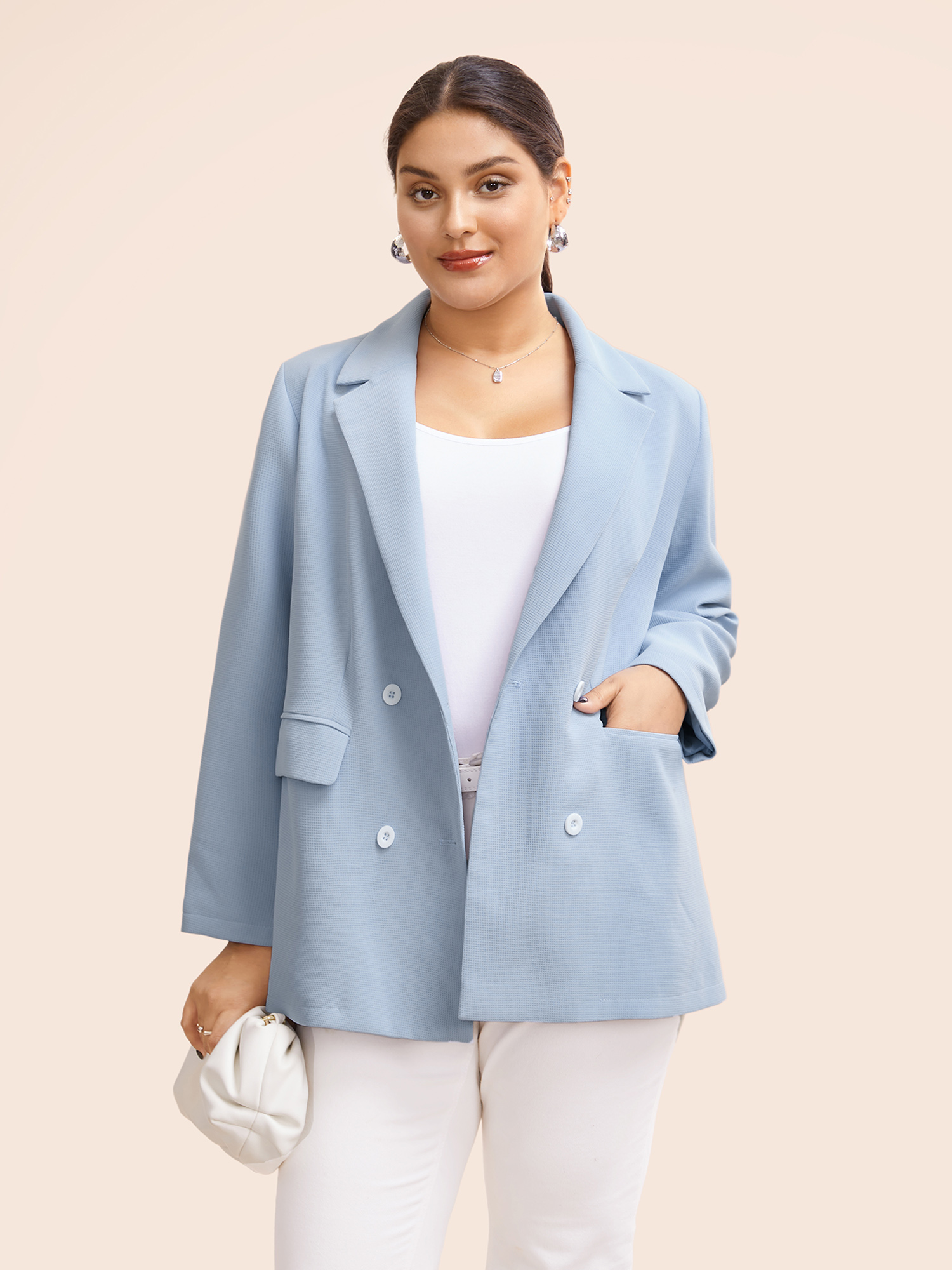 Plus Size Suit Collar Flap Pocket Back Slit Blazer LightBlue Women Everyday Button Sleeve Elbow-length sleeve Suit Collar 12/L Open pocket with flap Elegant Blazers BloomChic 