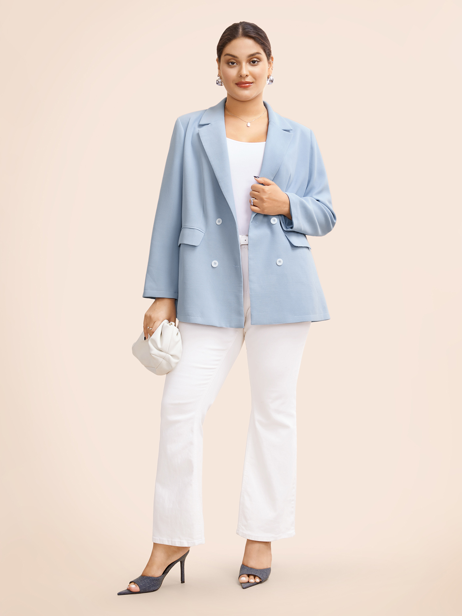 Plus Size Suit Collar Flap Pocket Back Slit Blazer LightBlue Women Everyday Button Sleeve Elbow-length sleeve Suit Collar 12/L Open pocket with flap Elegant Blazers BloomChic 