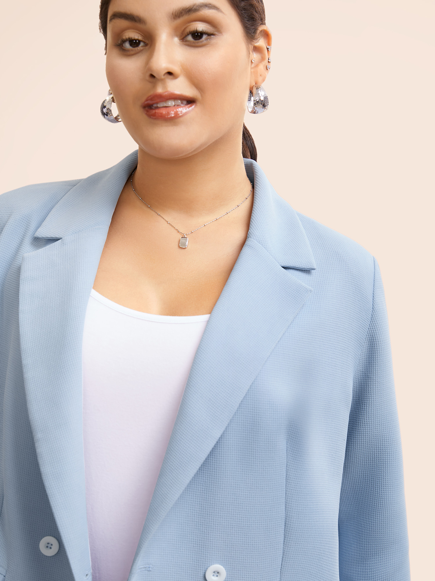 Plus Size Suit Collar Flap Pocket Back Slit Blazer LightBlue Women Everyday Button Sleeve Elbow-length sleeve Suit Collar 12/L Open pocket with flap Elegant Blazers BloomChic 