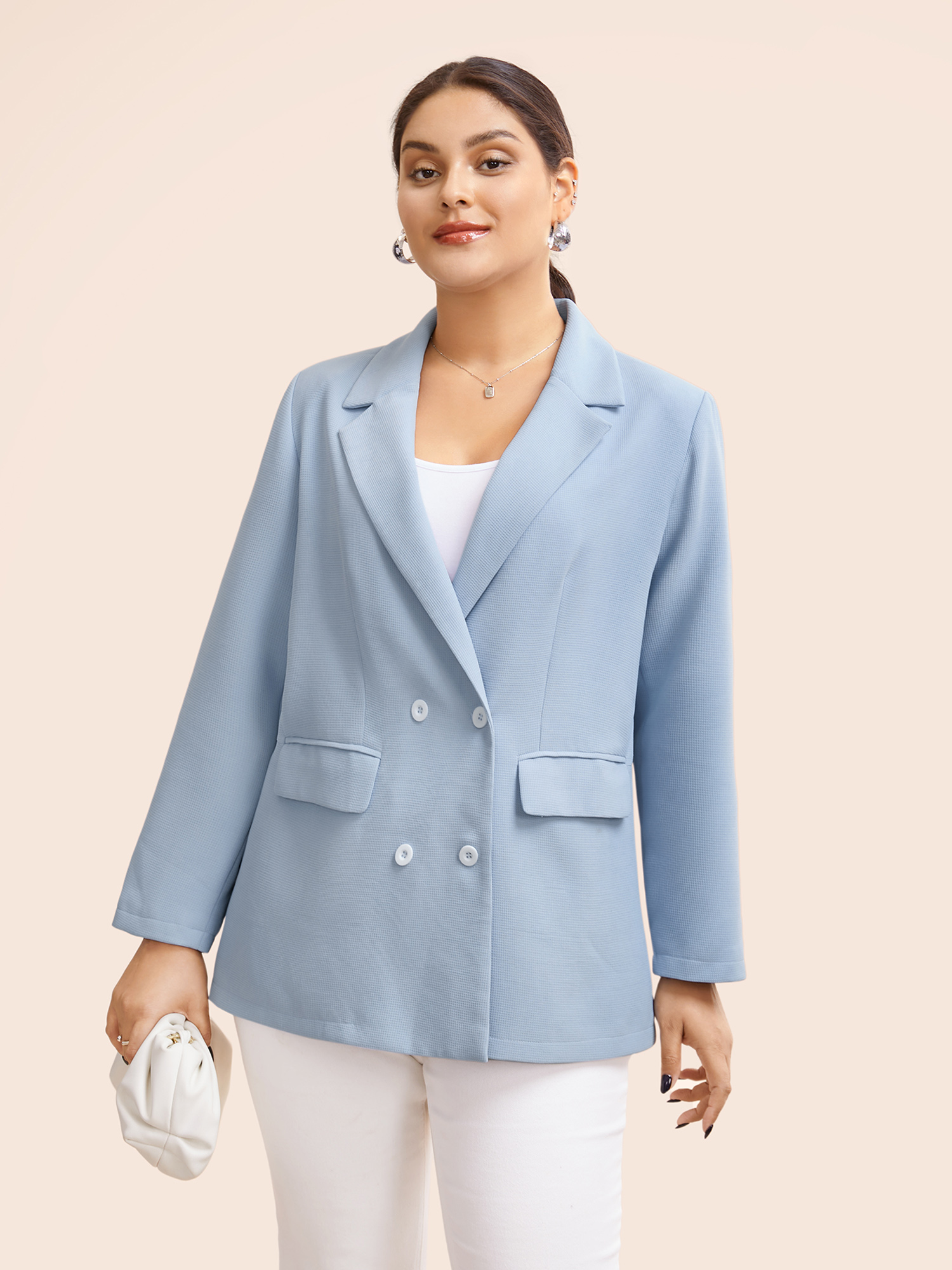 

Plus Size Suit Collar Flap Pocket Back Slit Blazer LightBlue Women Everyday Button Sleeve Elbow-length sleeve Suit Collar  Open pocket with flap Elegant Blazers BloomChic