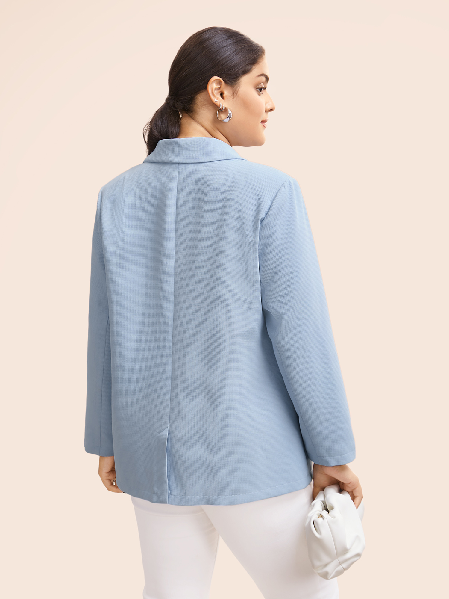 Plus Size Suit Collar Flap Pocket Back Slit Blazer LightBlue Women Everyday Button Sleeve Elbow-length sleeve Suit Collar 12/L Open pocket with flap Elegant Blazers BloomChic 