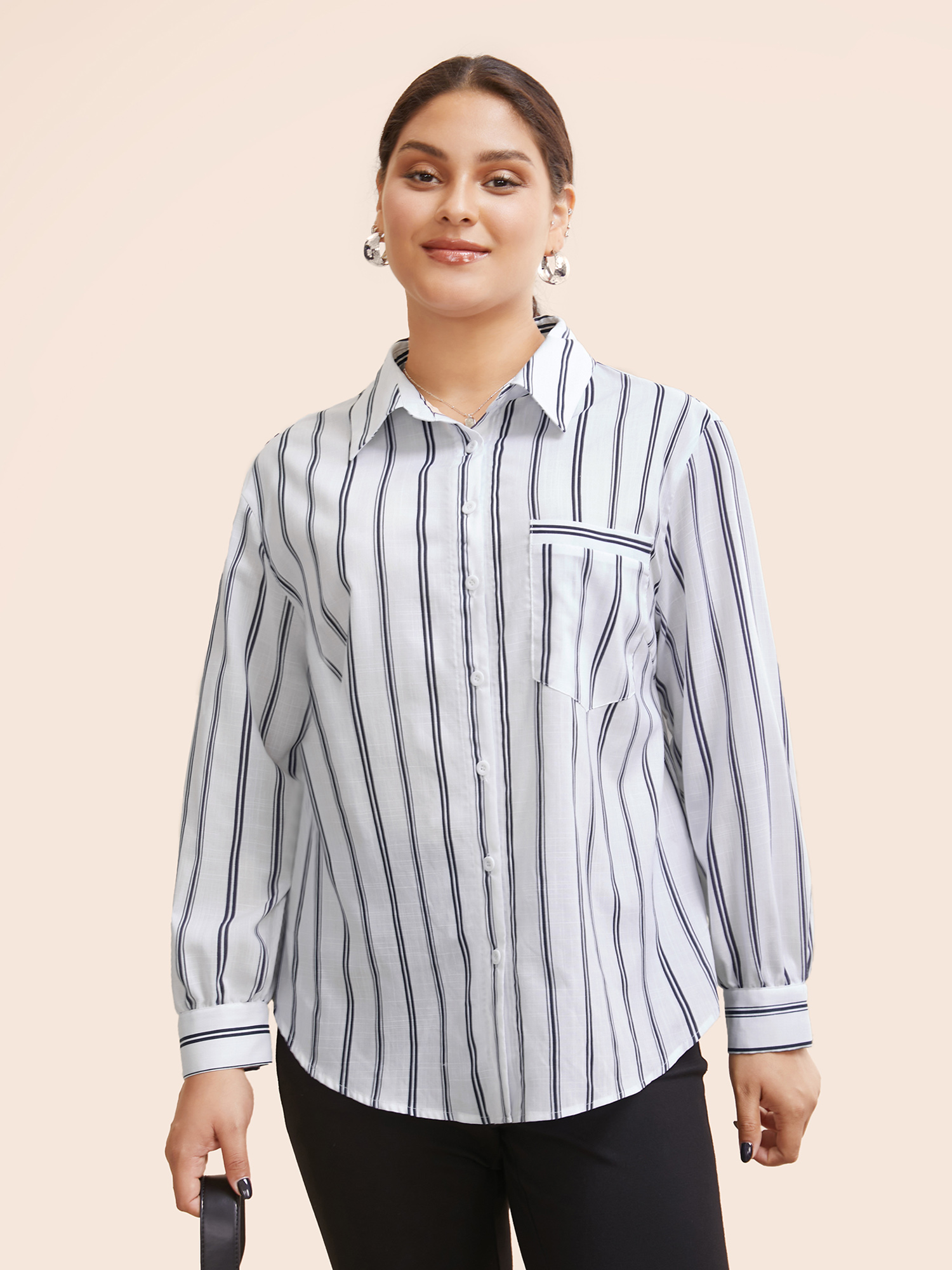 

Plus Size Originalwhite Shirt Collar Striped Patched Pocket Blouse Women Workwear Essentials Long Sleeve Shirt collar Work Blouses BloomChic