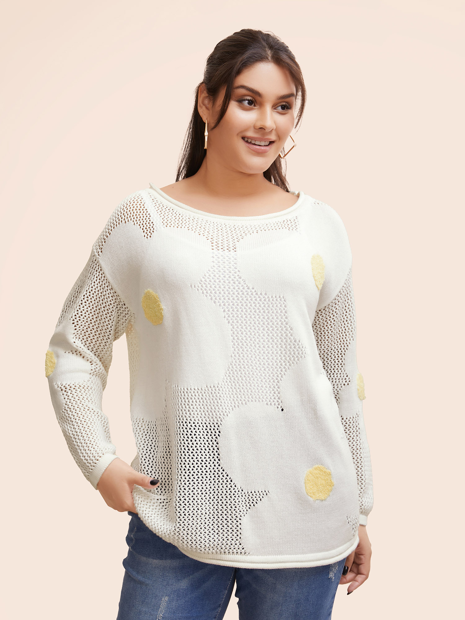 

Plus Size Cotton Crochet Floral Cut Out Pullover Lightyellow Women Casual Loose Long Sleeve Boat Neck Everyday Pullovers BloomChic