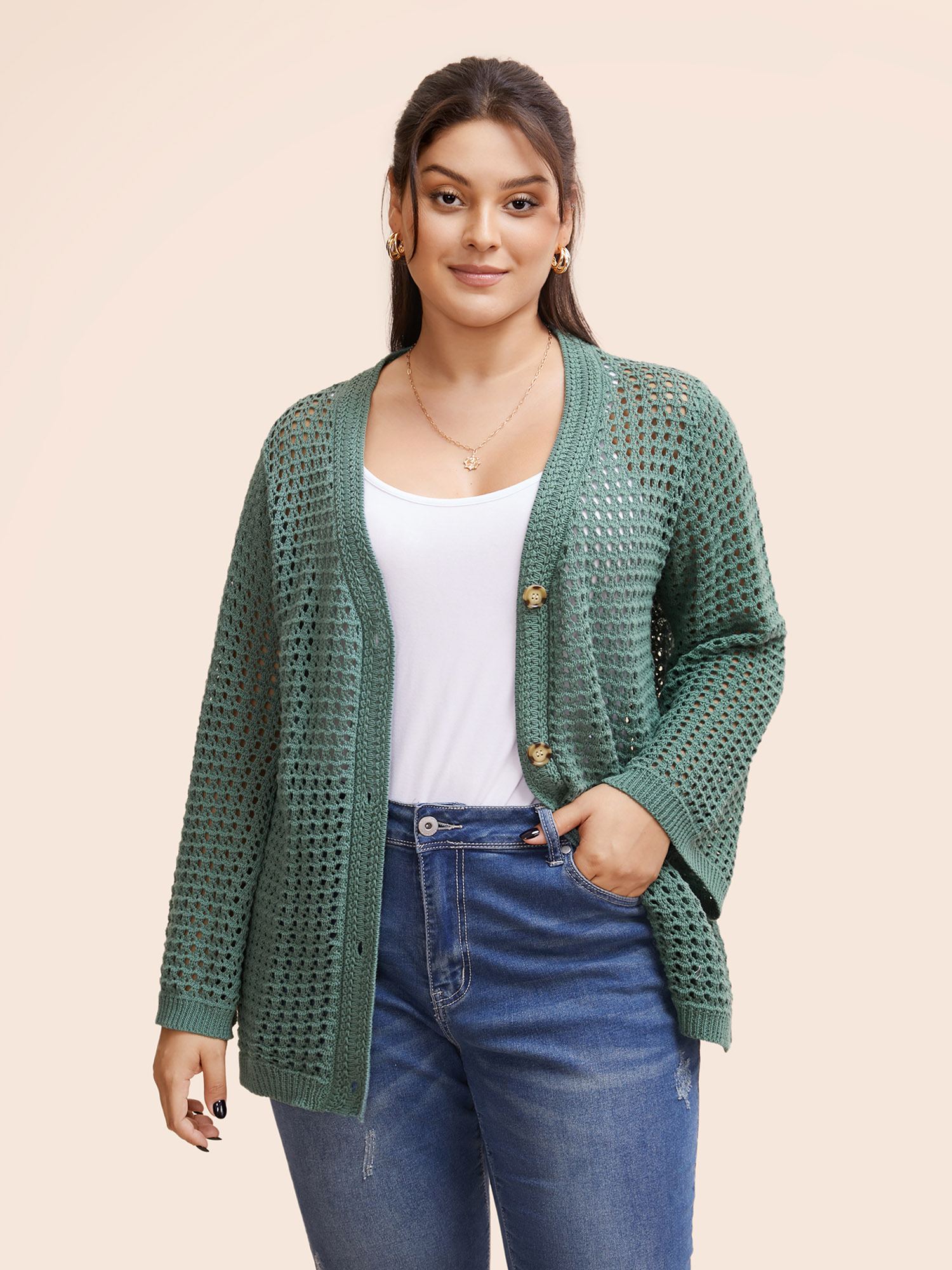 

Plus Size Cotton Texture Cut Out Bell Sleeve Cardigan Greenbean Women Casual Loose Long Sleeve Everyday Cardigans BloomChic