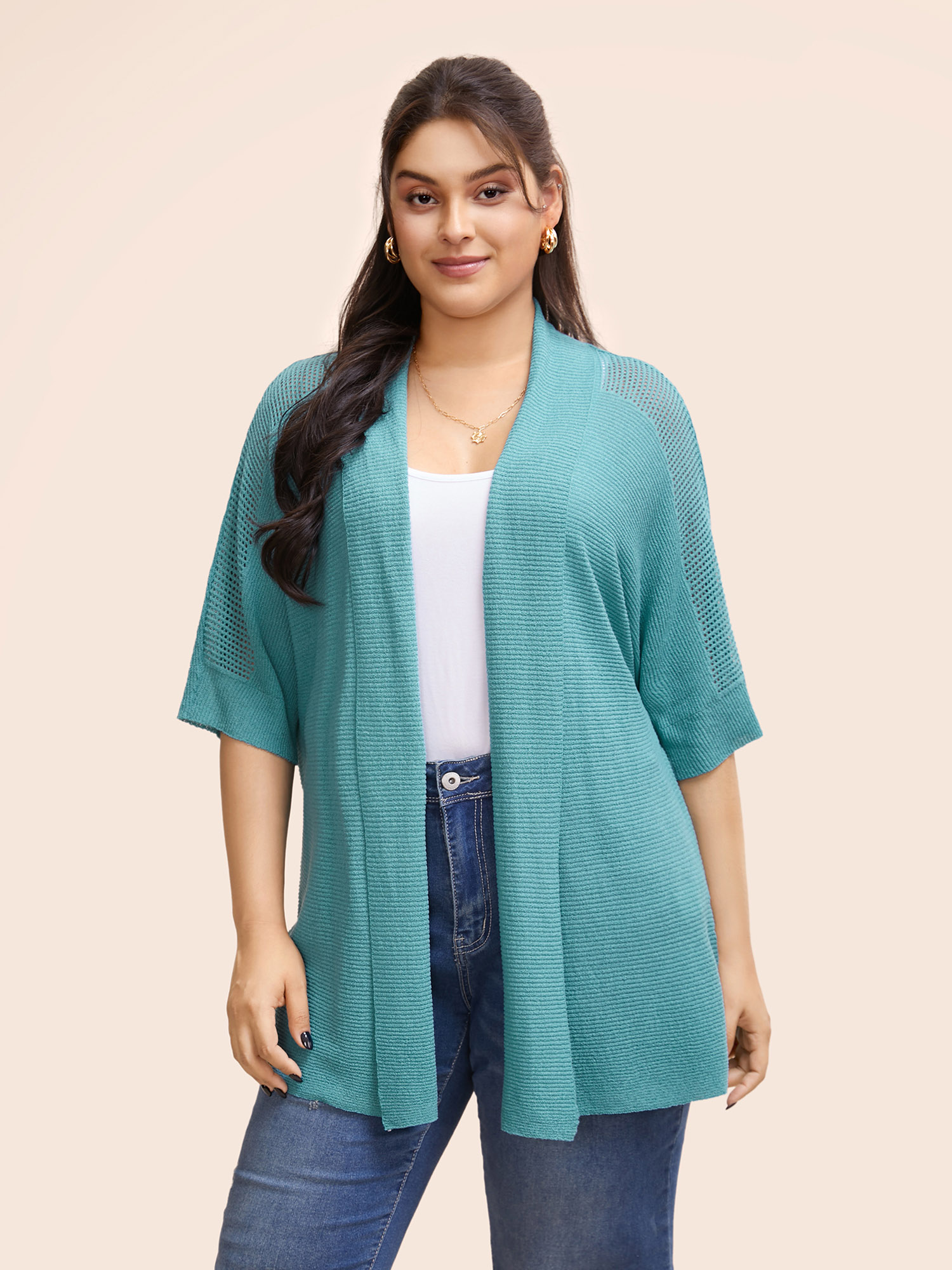 

Plus Size Texture Batwing Sleeve Split Hem Cardigan Cerulean Women Casual Loose Elbow-length sleeve Everyday Cardigans BloomChic